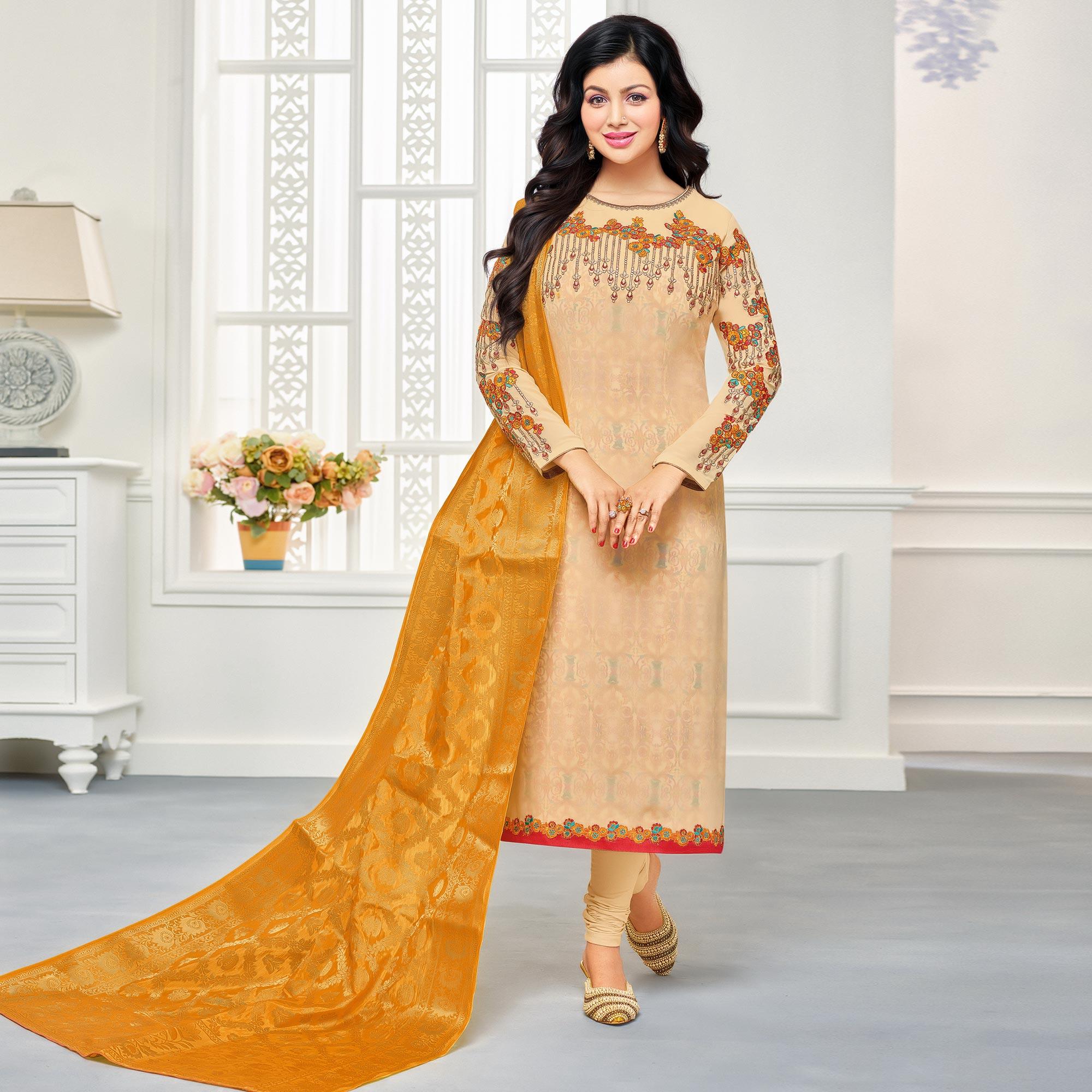 Sophisticated Cream Colored Embroidered Party Wear Georgette Salwar Suit - Peachmode
