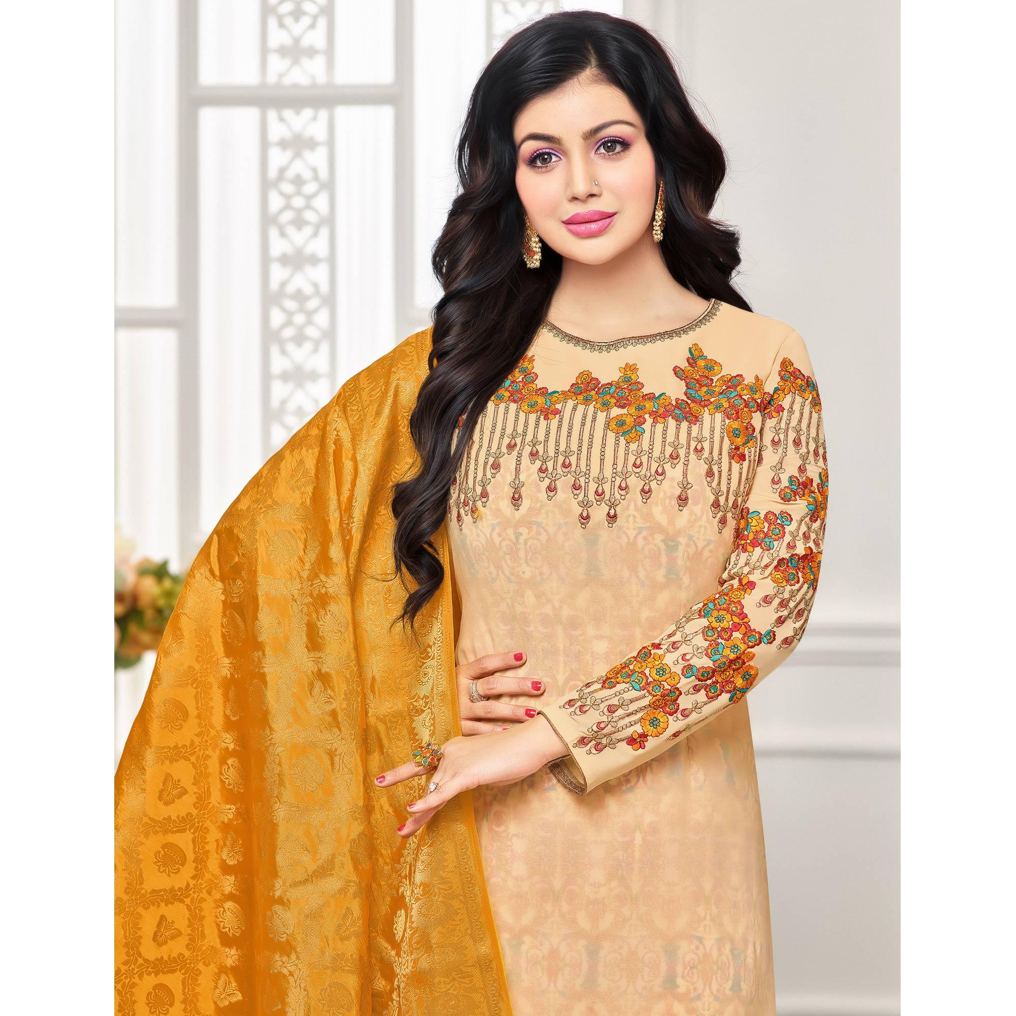Sophisticated Cream Colored Embroidered Party Wear Georgette Salwar Suit - Peachmode