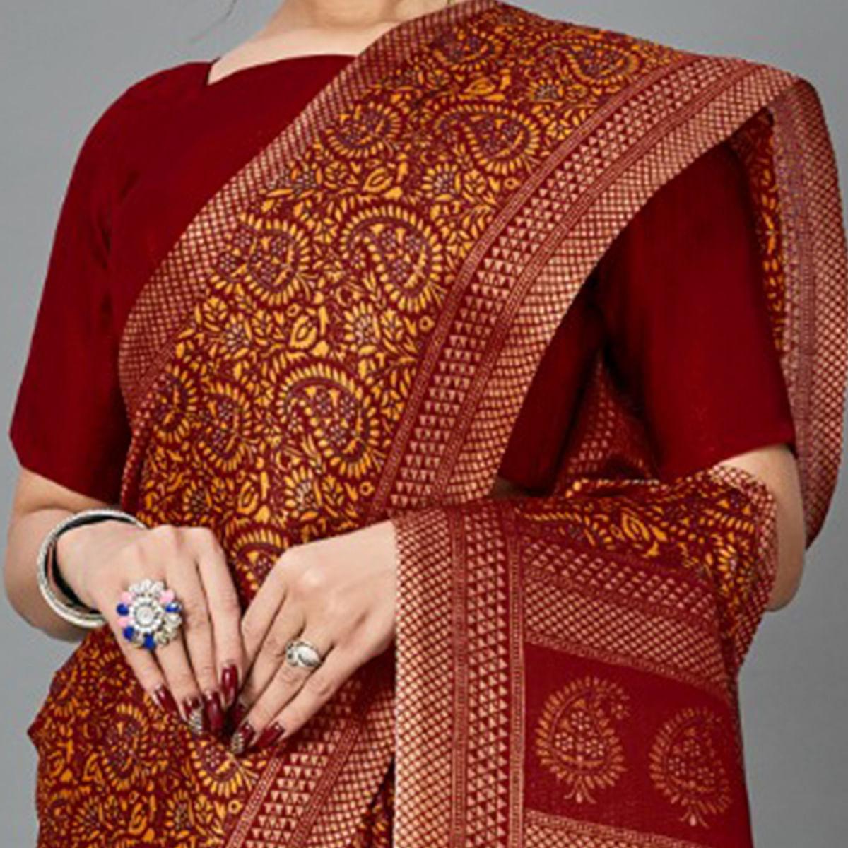 Sophisticated Dark Red Colored Casual Wear Printed Art Silk Saree - Peachmode