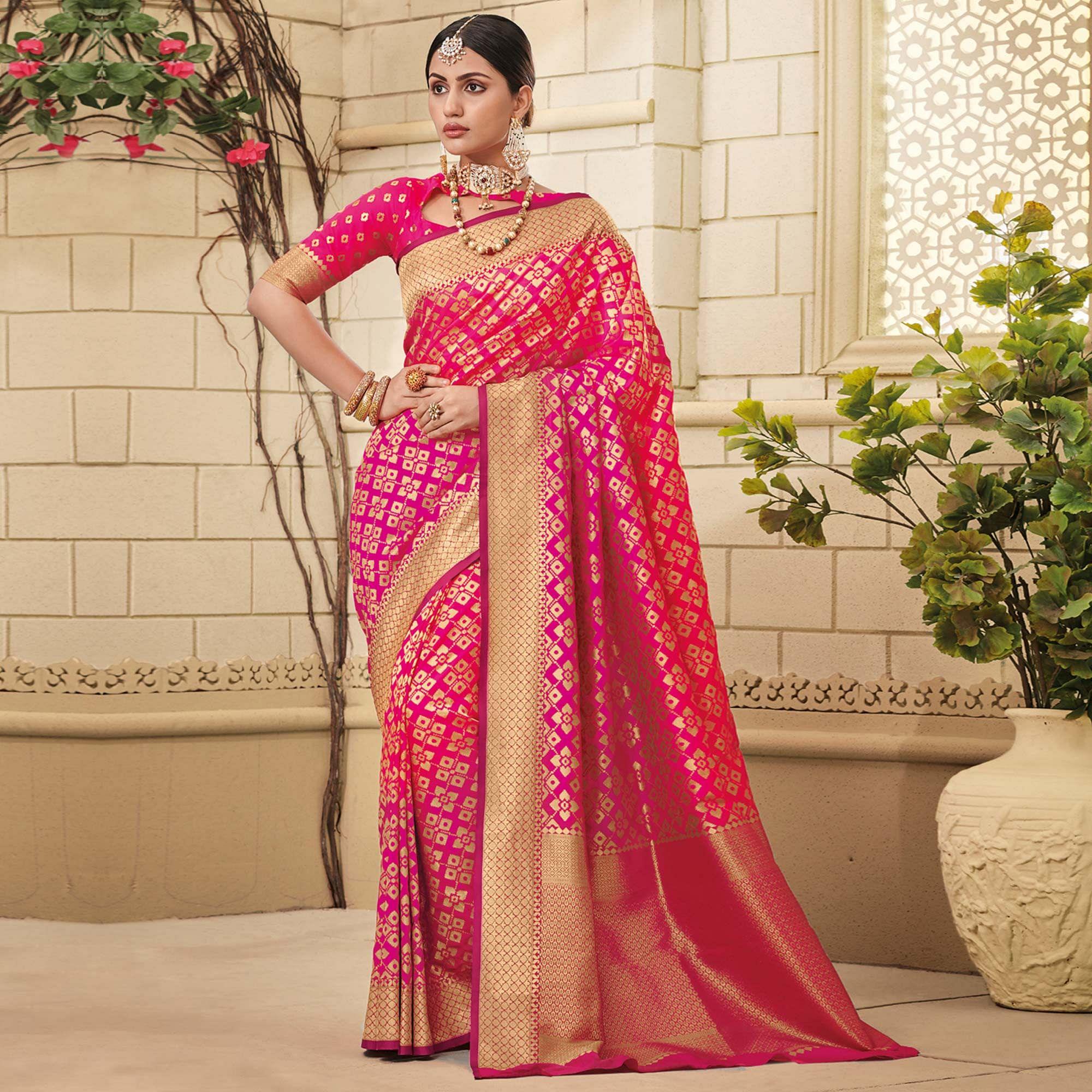 Sophisticated Fuschia Pink Colored Festive Wear Woven Silk Saree - Peachmode