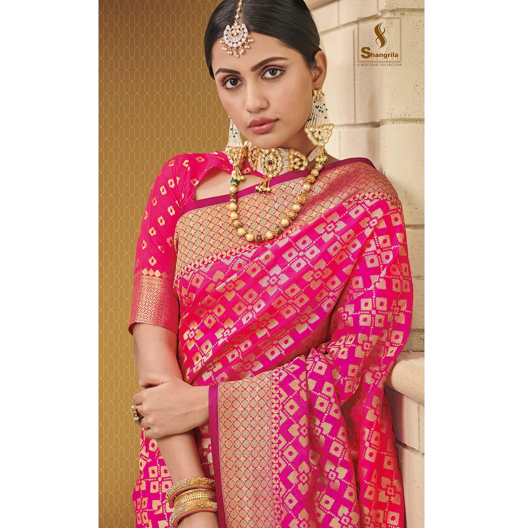 Sophisticated Fuschia Pink Colored Festive Wear Woven Silk Saree - Peachmode
