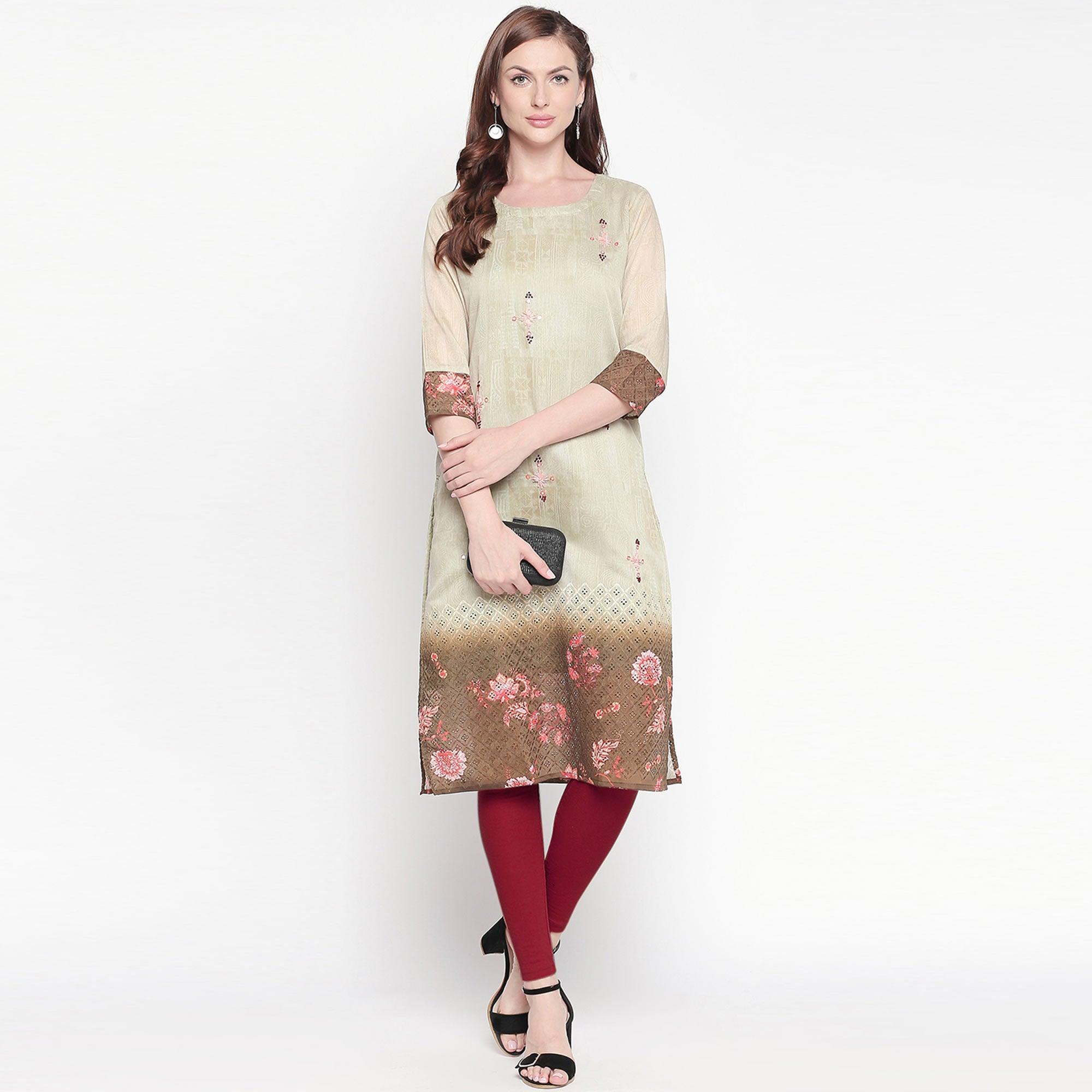 Sophisticated Green Colored Casual Embroidered Silk Kurti - Peachmode