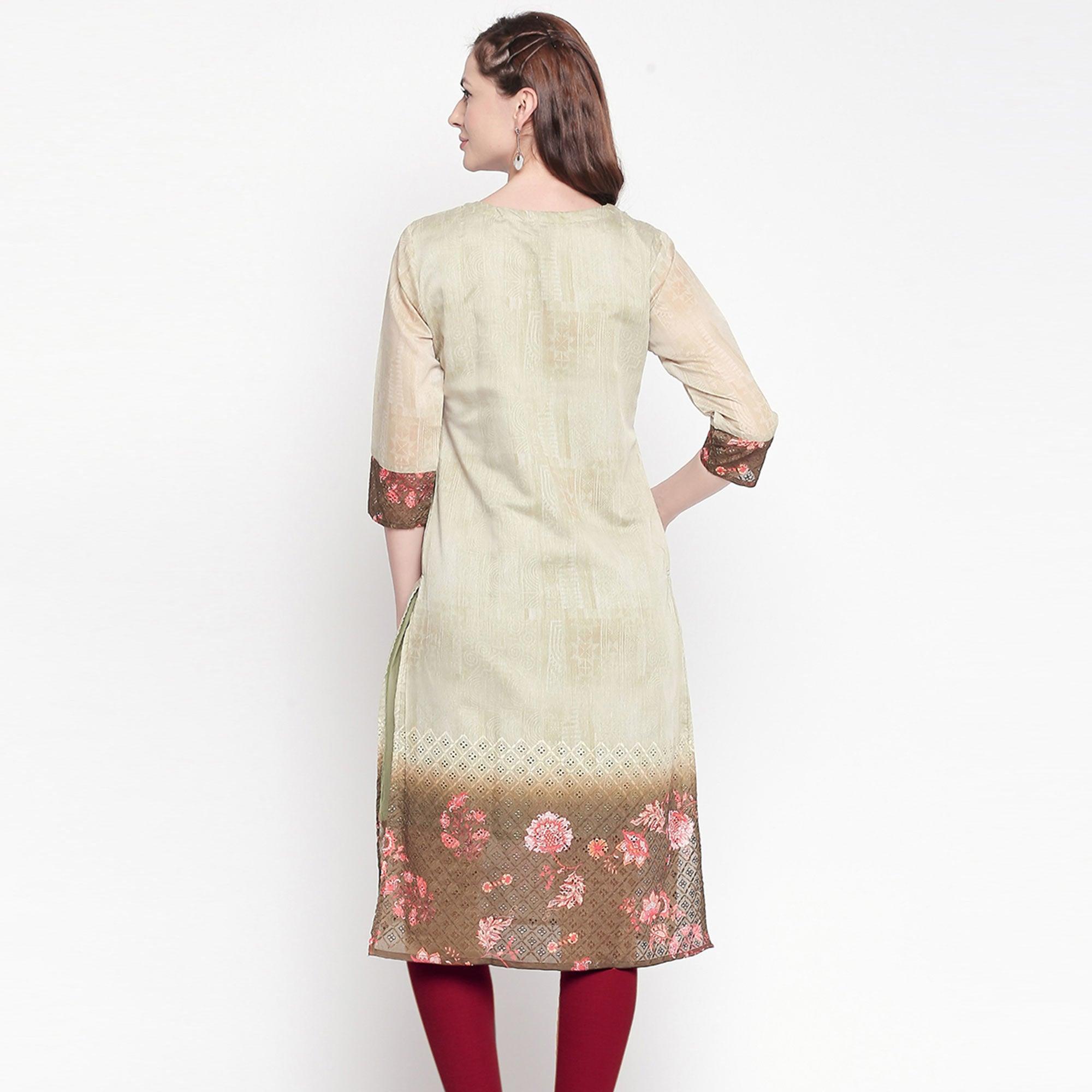 Sophisticated Green Colored Casual Embroidered Silk Kurti - Peachmode
