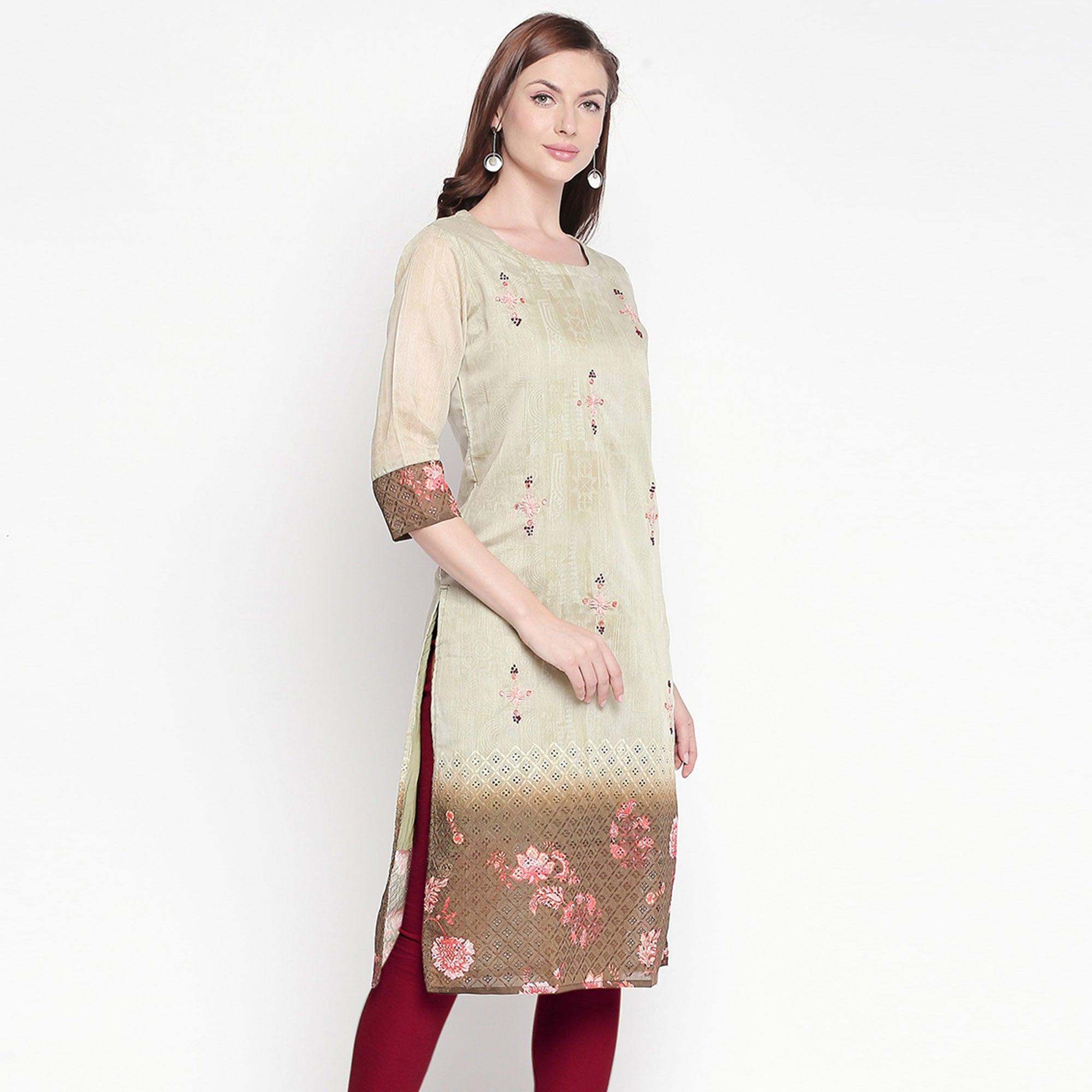 Sophisticated Green Colored Casual Embroidered Silk Kurti - Peachmode