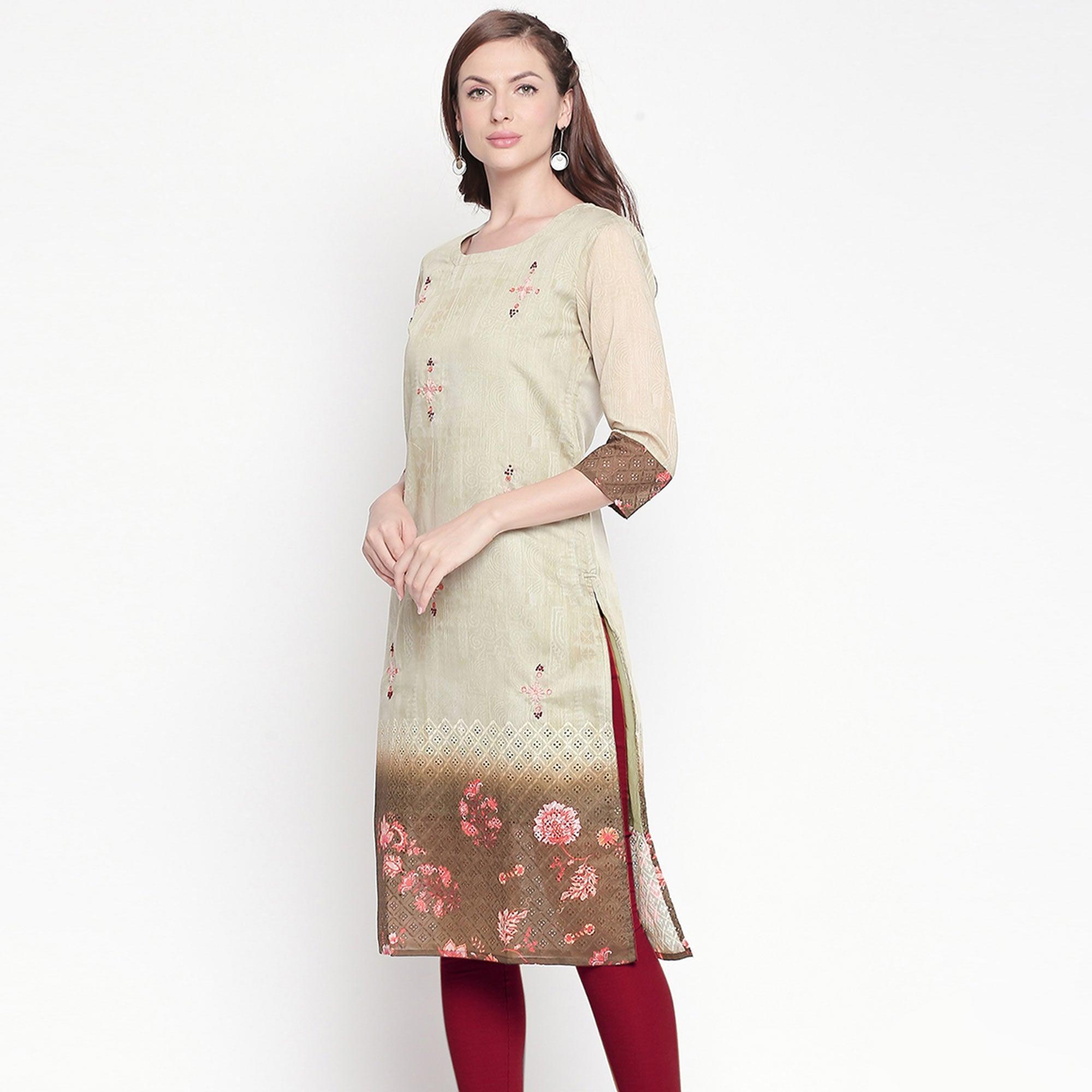 Sophisticated Green Colored Casual Embroidered Silk Kurti - Peachmode