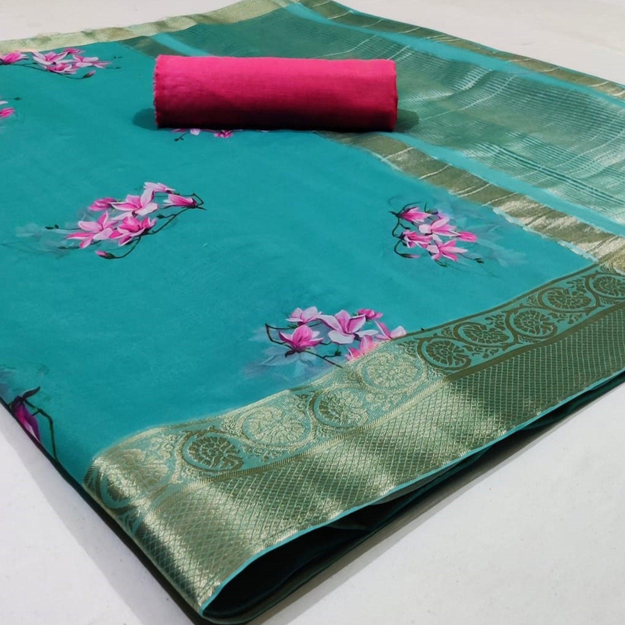 Sophisticated Green Colored Festive Wear Beautiful Floral Printed Organza Jacquard Silk Saree - Peachmode
