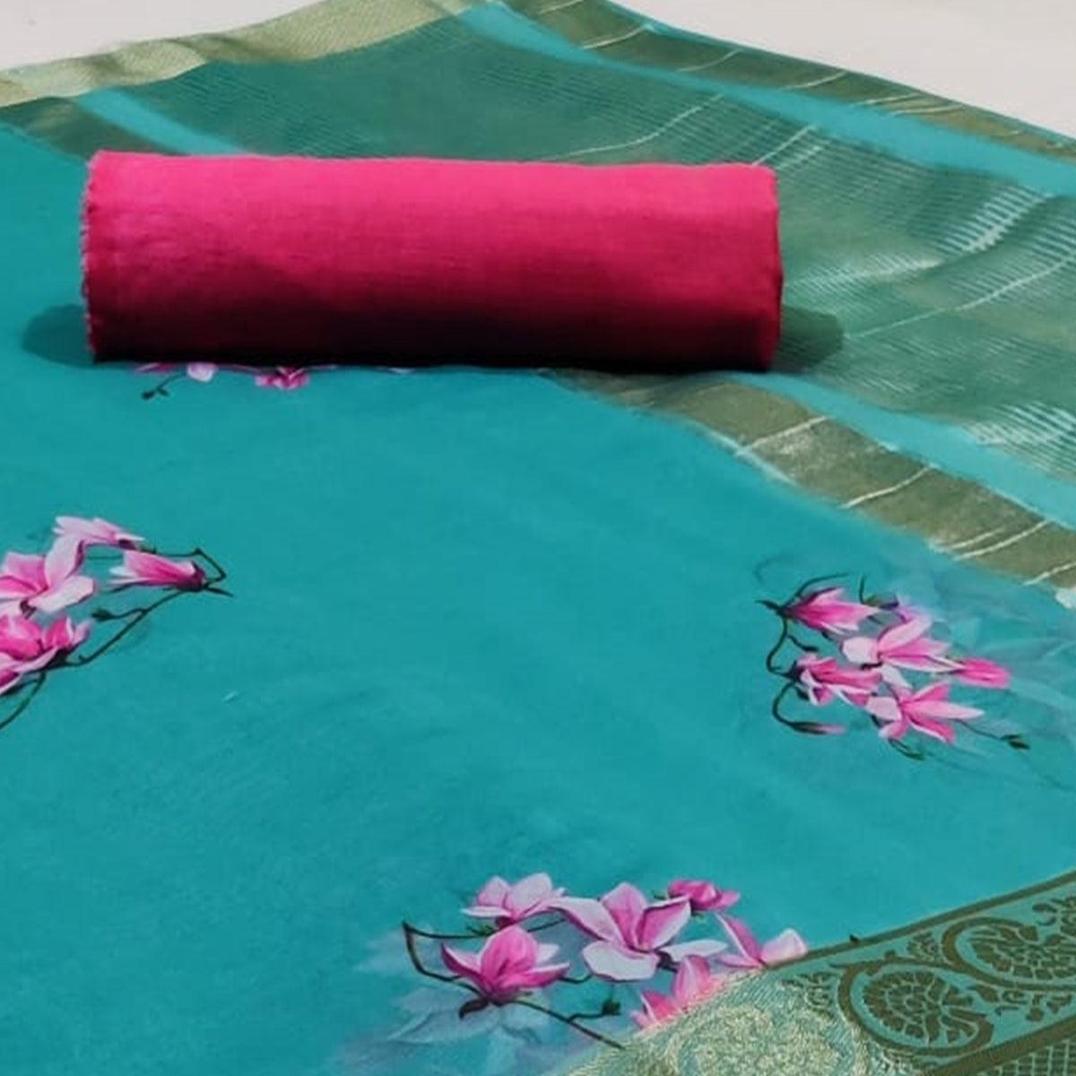 Sophisticated Green Colored Festive Wear Beautiful Floral Printed Organza Jacquard Silk Saree - Peachmode