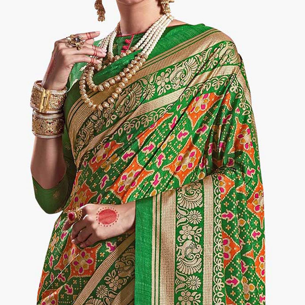 Sophisticated Green Colored Festive Wear Printed Kanjivaram Silk Saree - Peachmode