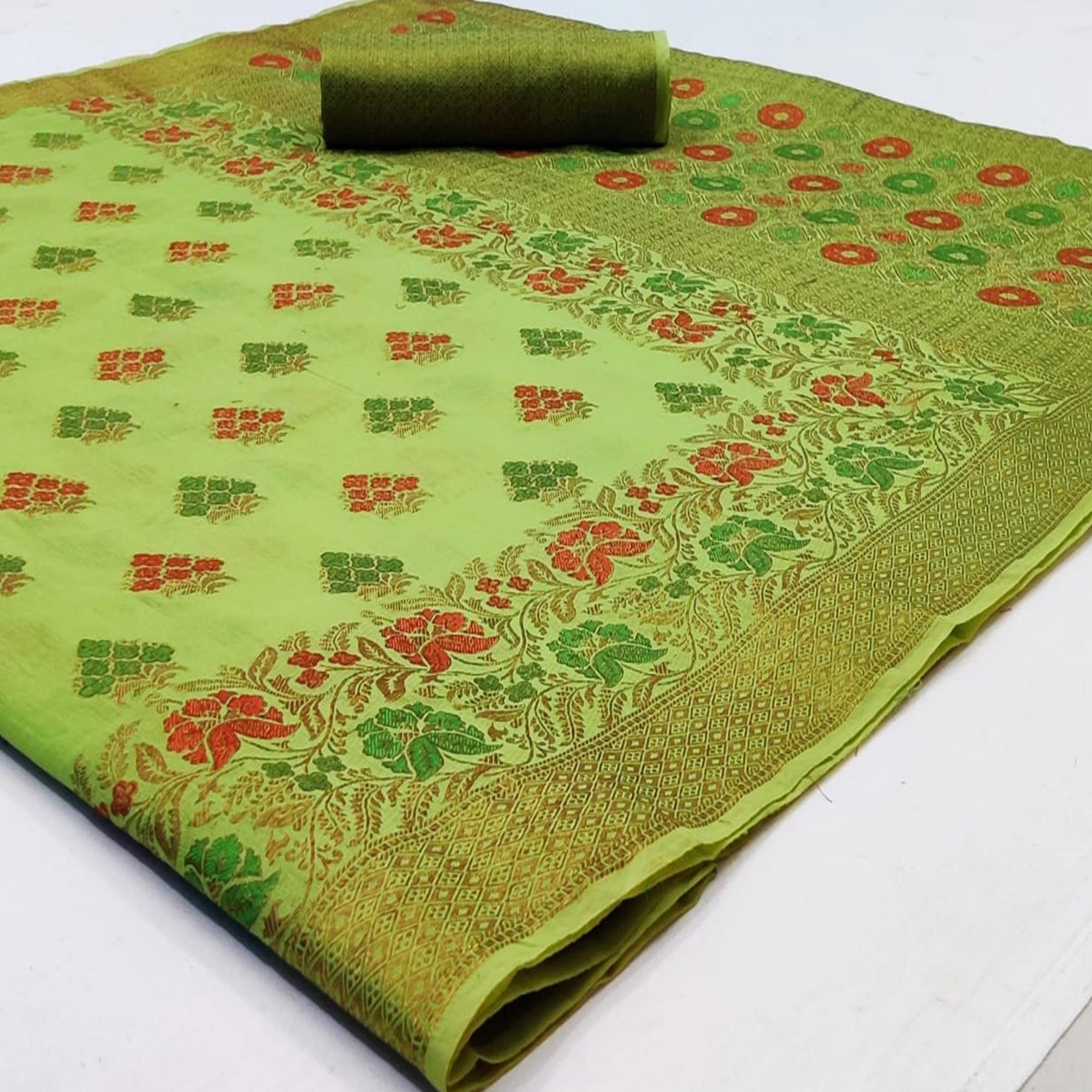 Sophisticated Green Colored Festive Wear Woven Cotton Saree - Peachmode