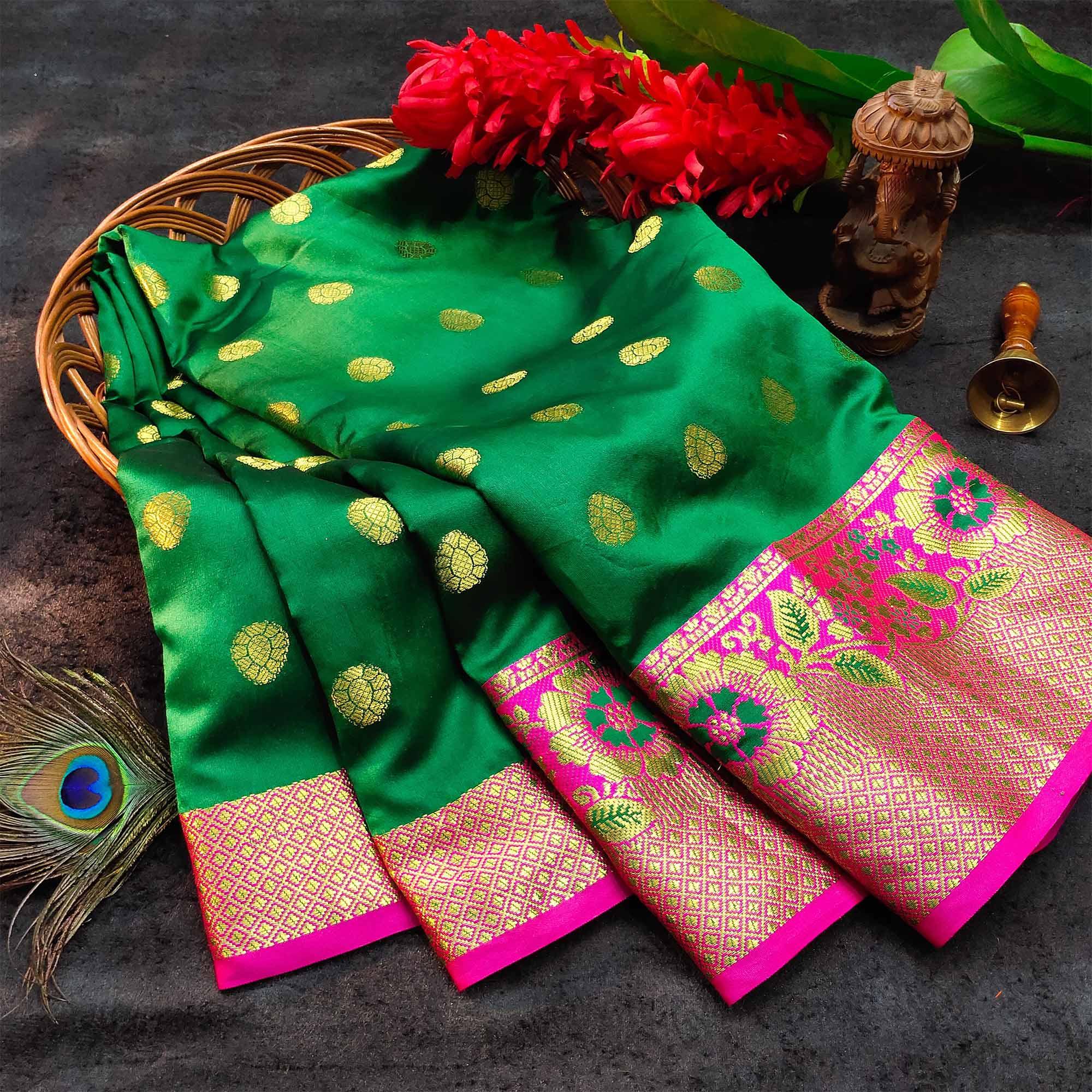 Sophisticated Green Colored Festive Wear Woven Kanjivaram Silk Saree - Peachmode