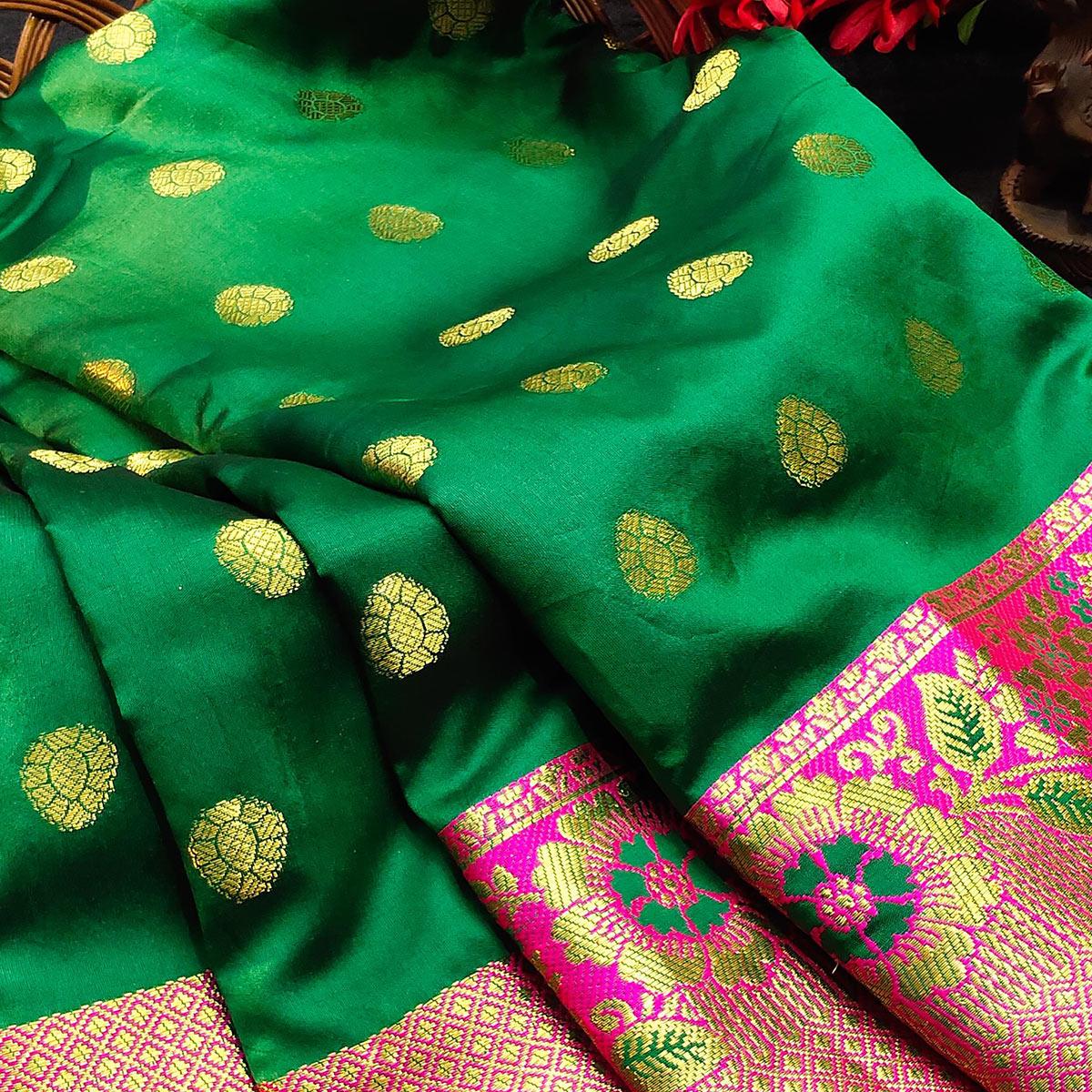 Sophisticated Green Colored Festive Wear Woven Kanjivaram Silk Saree - Peachmode