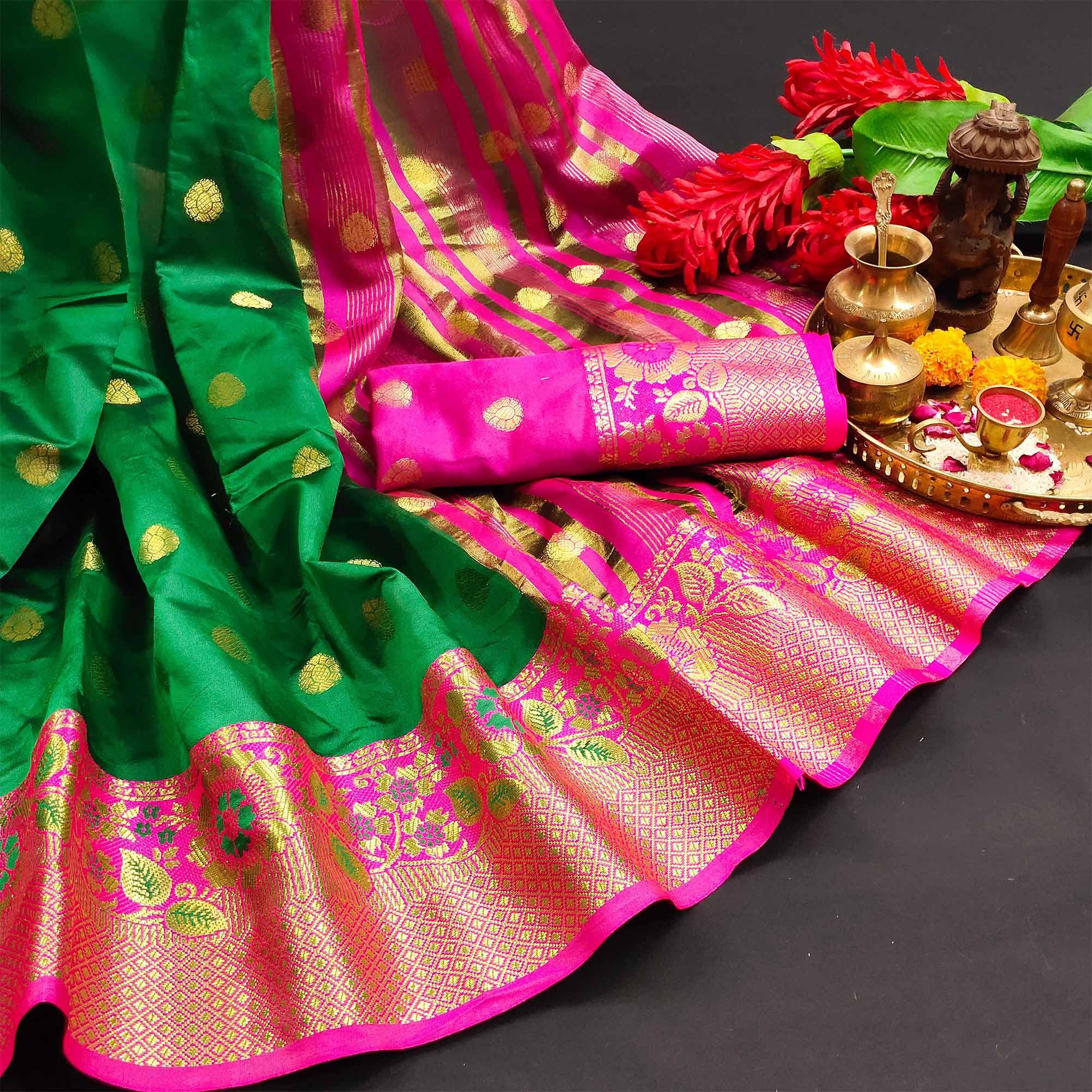 Sophisticated Green Colored Festive Wear Woven Kanjivaram Silk Saree - Peachmode