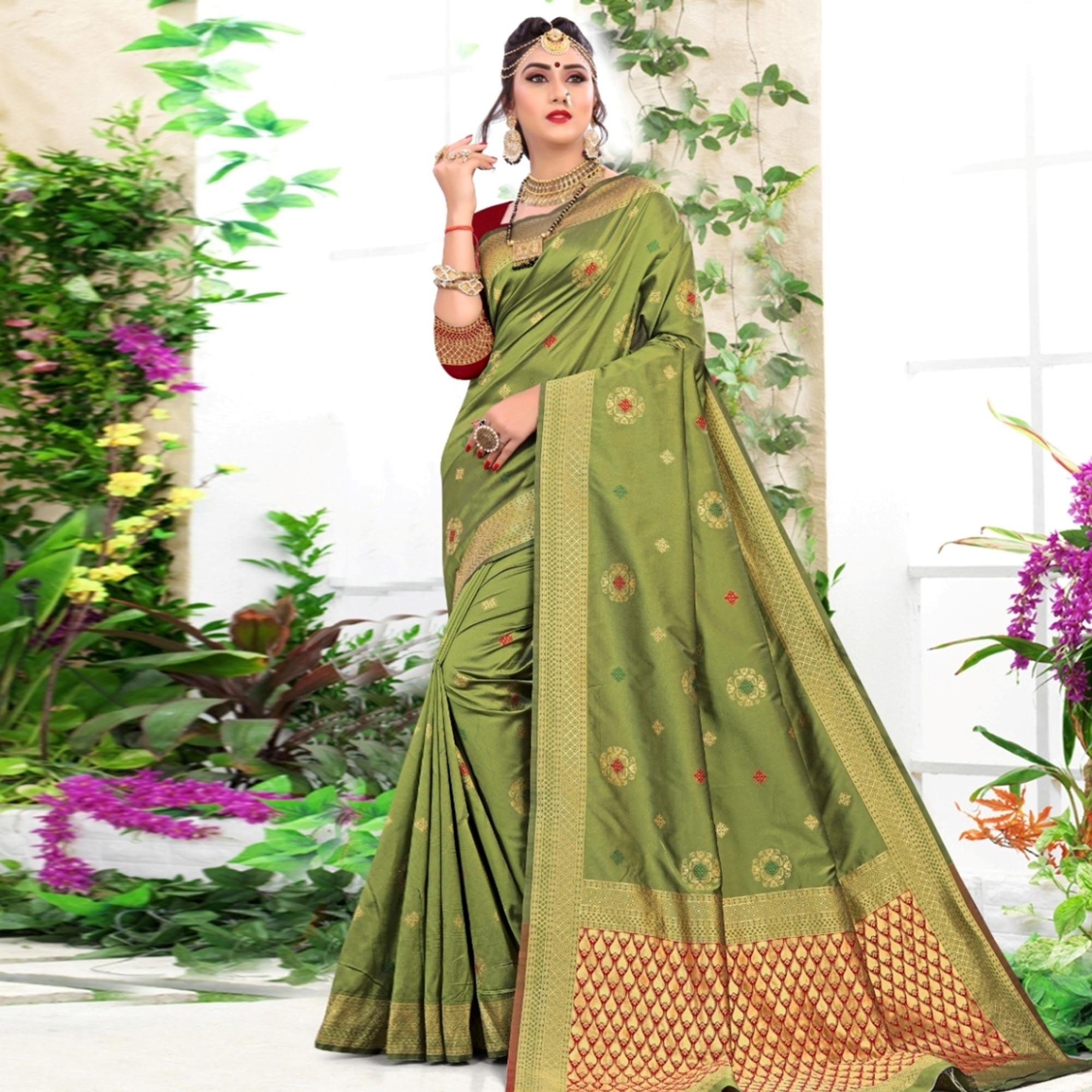 Sophisticated Green Colored Festive Wear Woven Lichi Silk Saree - Peachmode