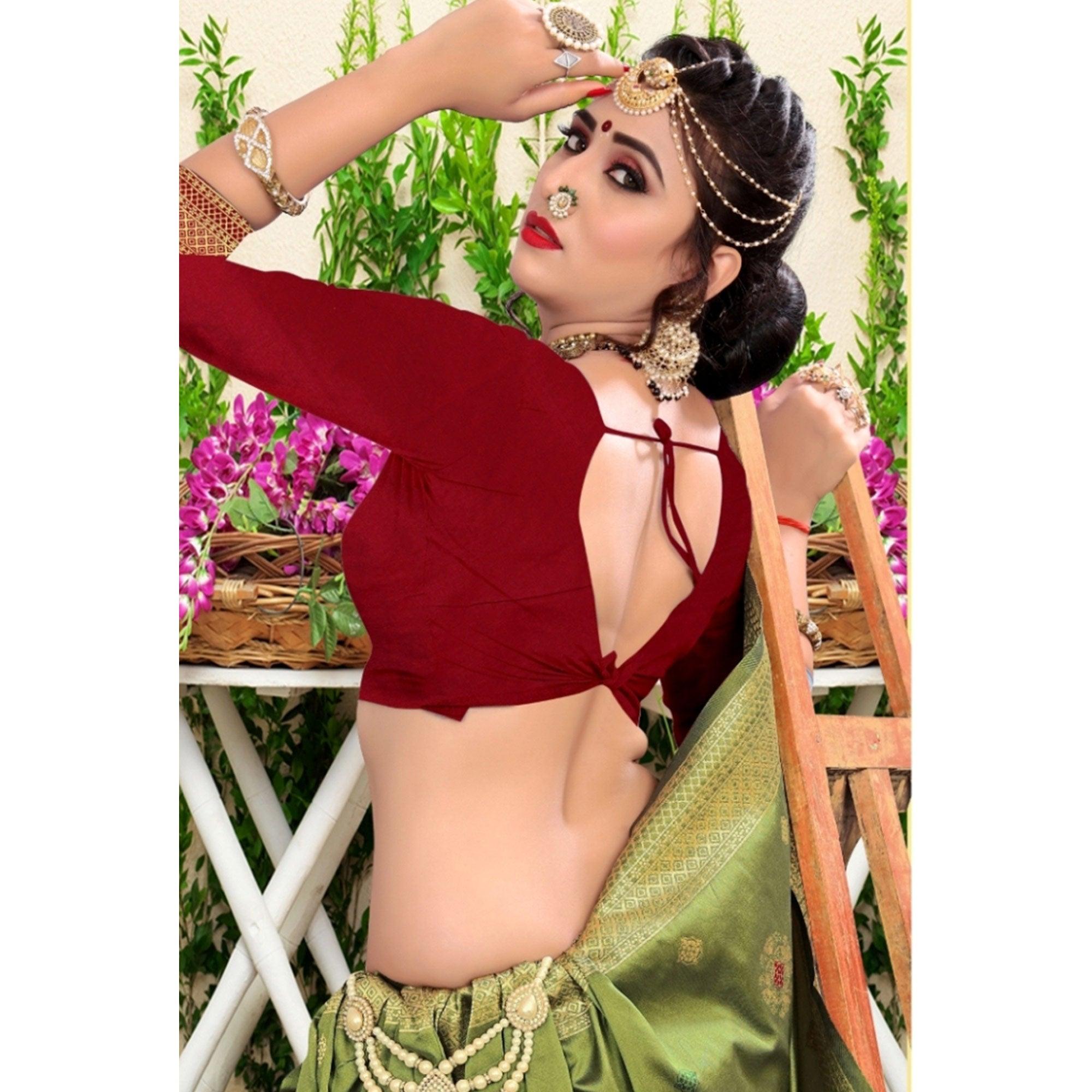 Sophisticated Green Colored Festive Wear Woven Lichi Silk Saree - Peachmode