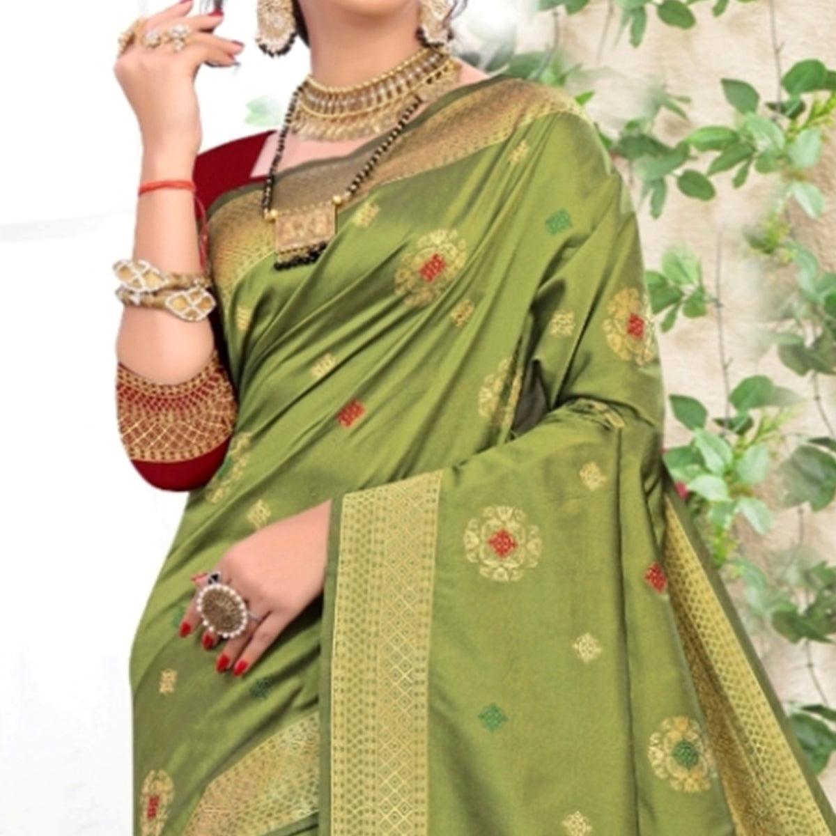 Sophisticated Green Colored Festive Wear Woven Lichi Silk Saree - Peachmode