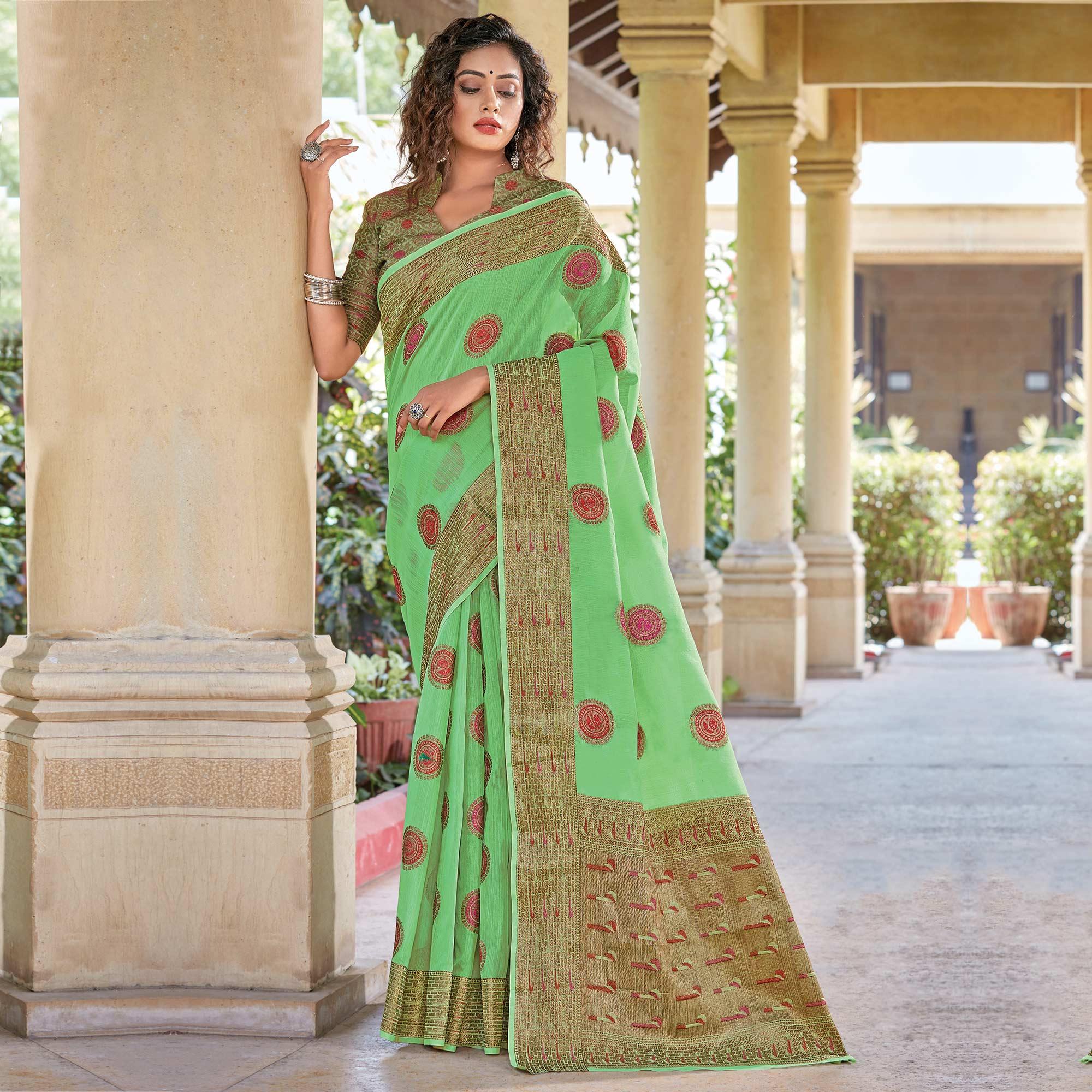 Sophisticated Green Coloured Festive Wear Woven Cotton Handloom Saree - Peachmode