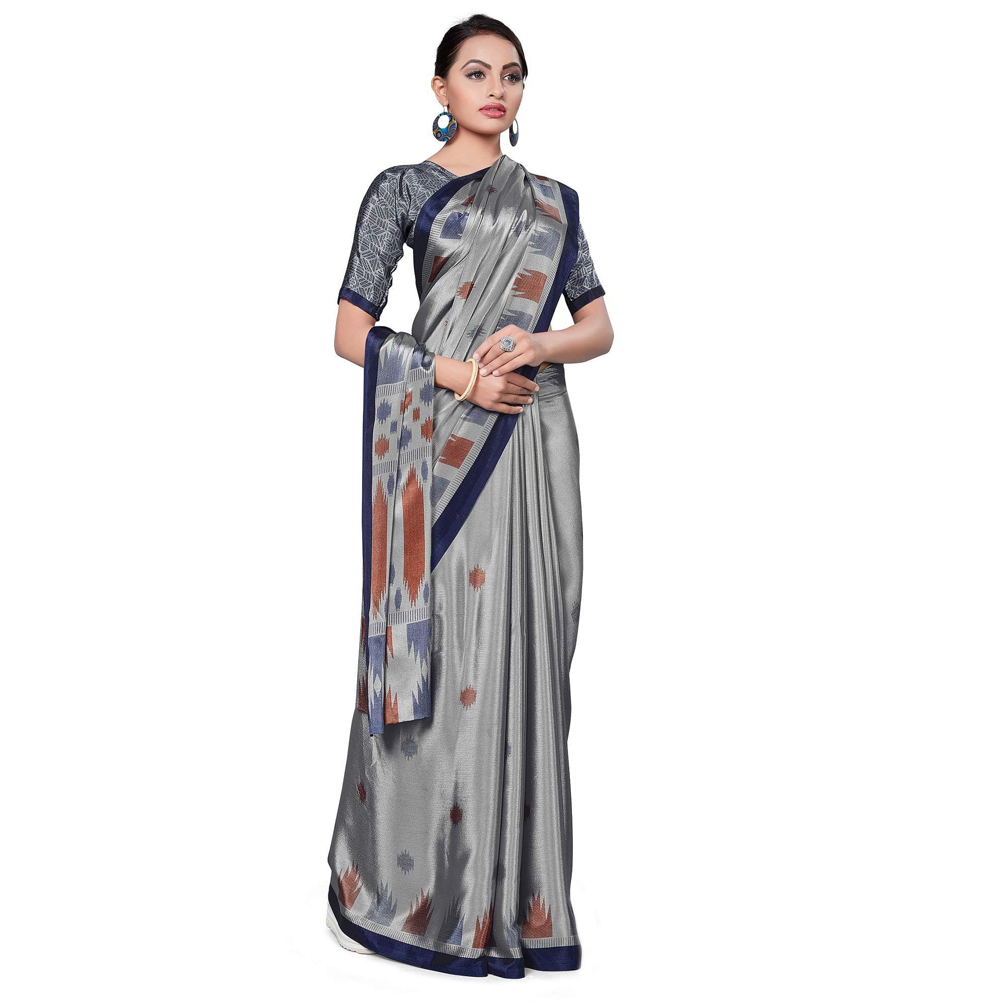 Sophisticated Grey Colored Casual Wear Printed Crepe Saree - Peachmode