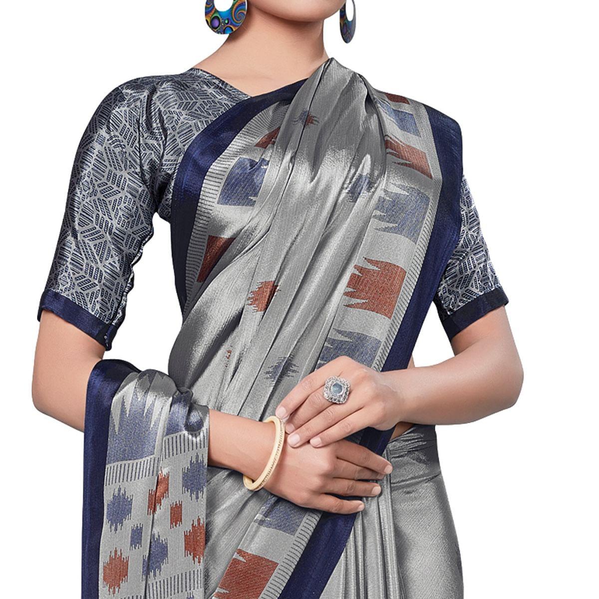 Sophisticated Grey Colored Casual Wear Printed Crepe Saree - Peachmode