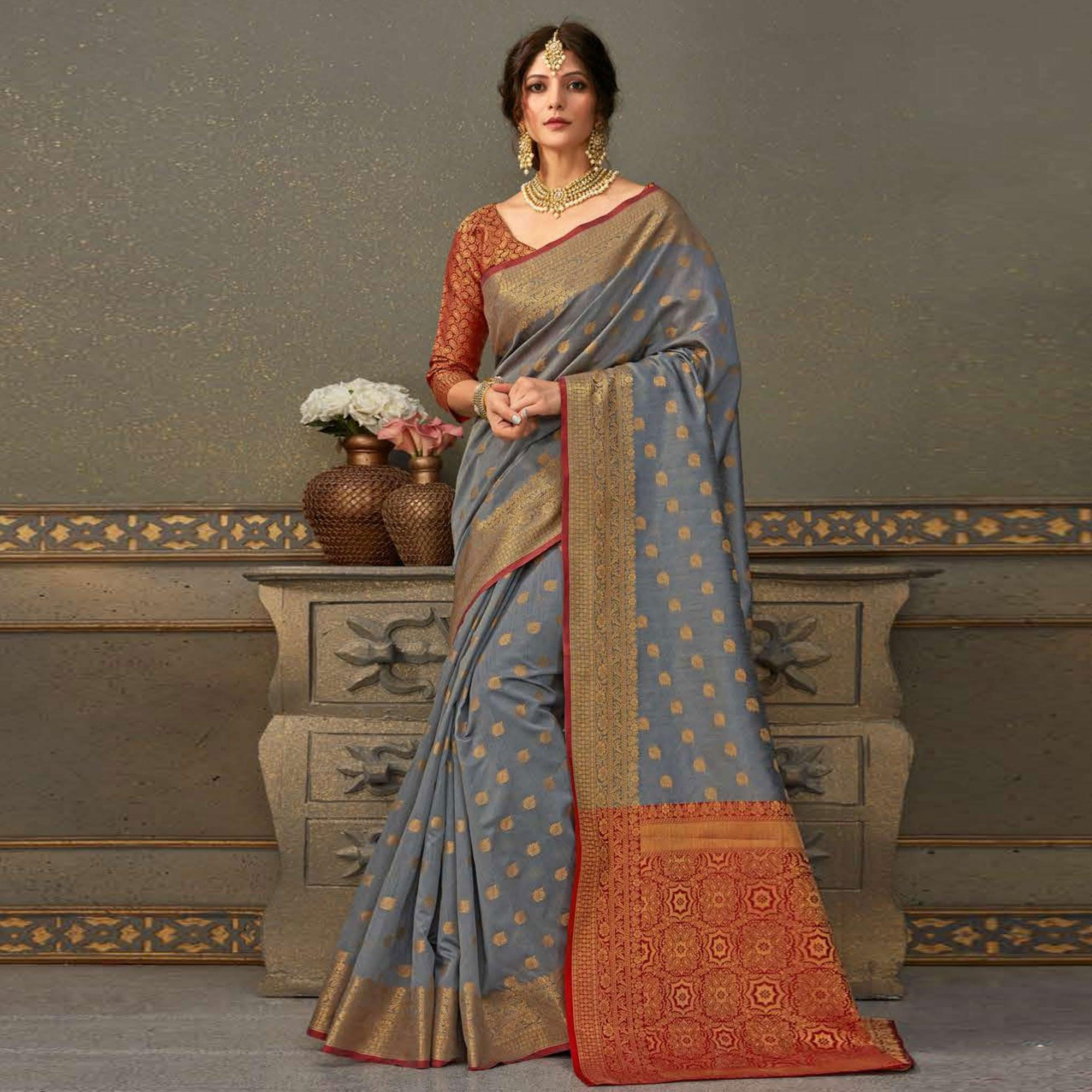 Sophisticated Grey Colored Festive Wear Woven Handloom Silk Saree - Peachmode