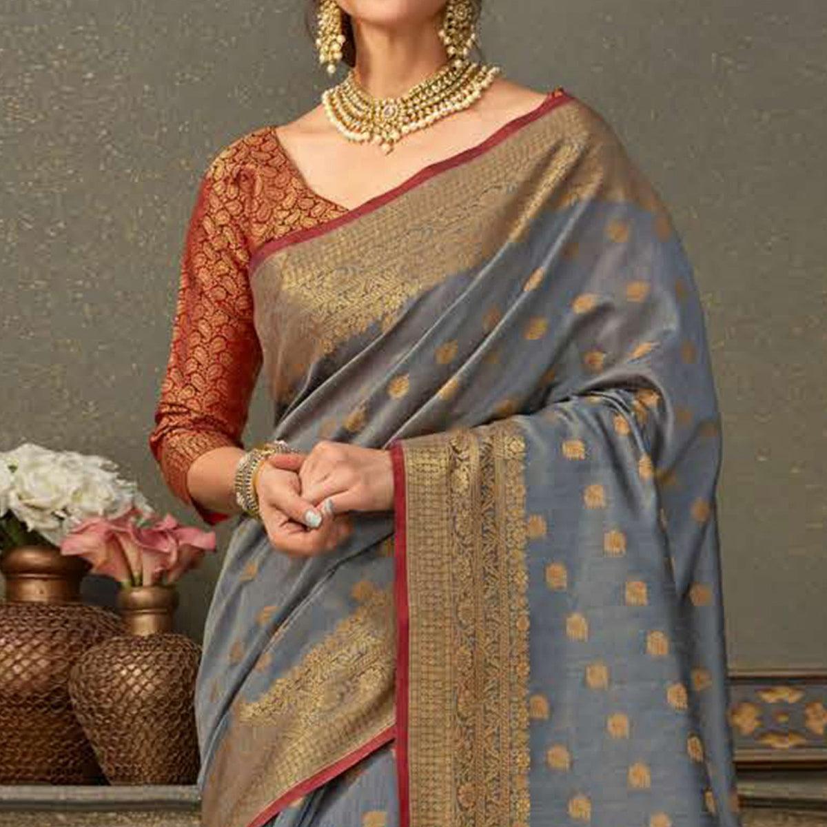 Sophisticated Grey Colored Festive Wear Woven Handloom Silk Saree - Peachmode