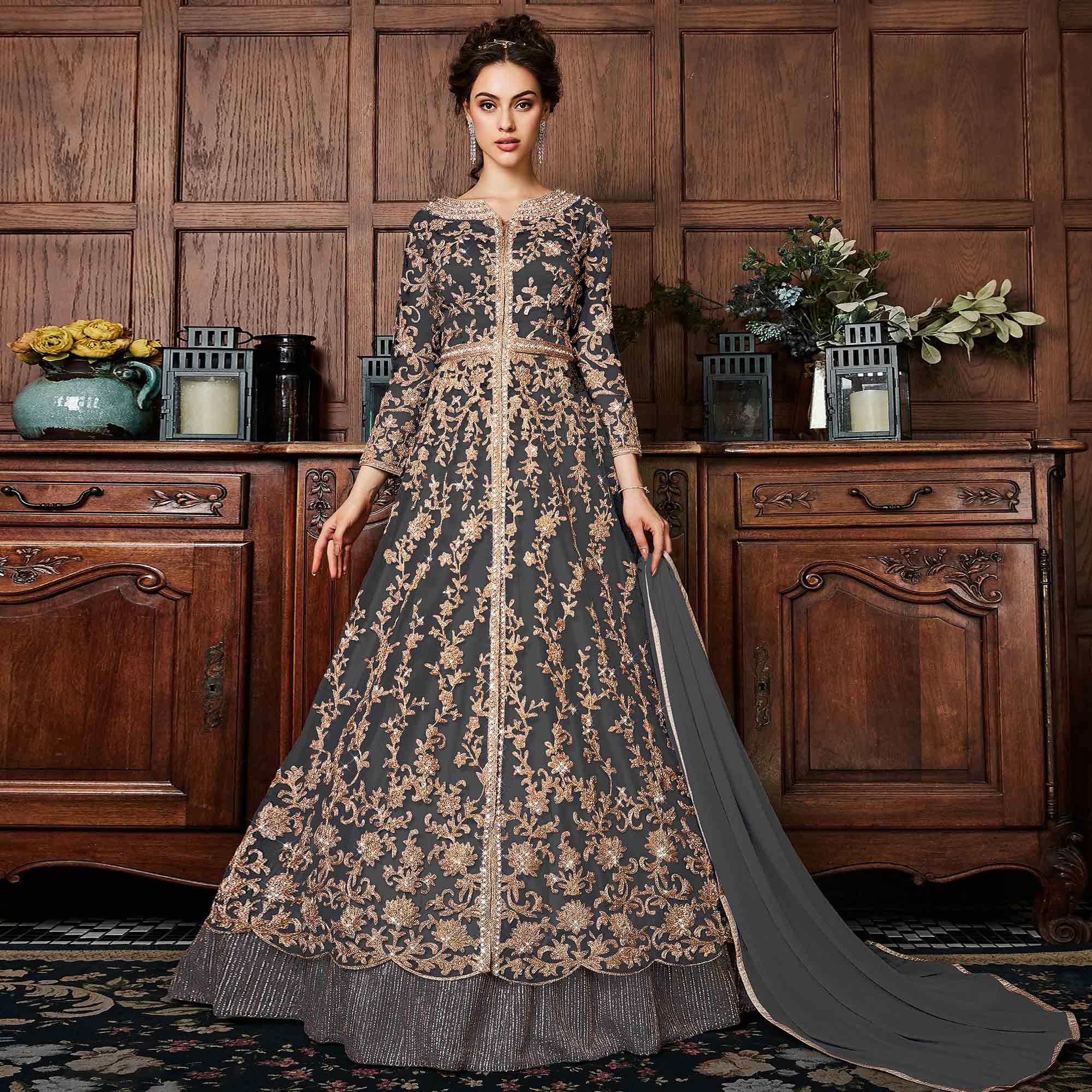 Sophisticated Grey Colored Partywear Embroidered Netted Anarkali Suit - Peachmode