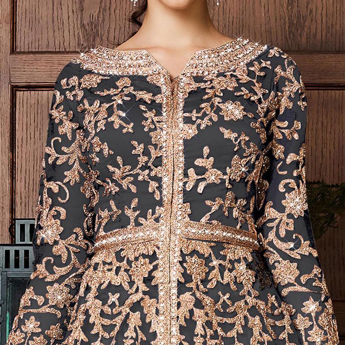 Sophisticated Grey Colored Partywear Embroidered Netted Anarkali Suit - Peachmode