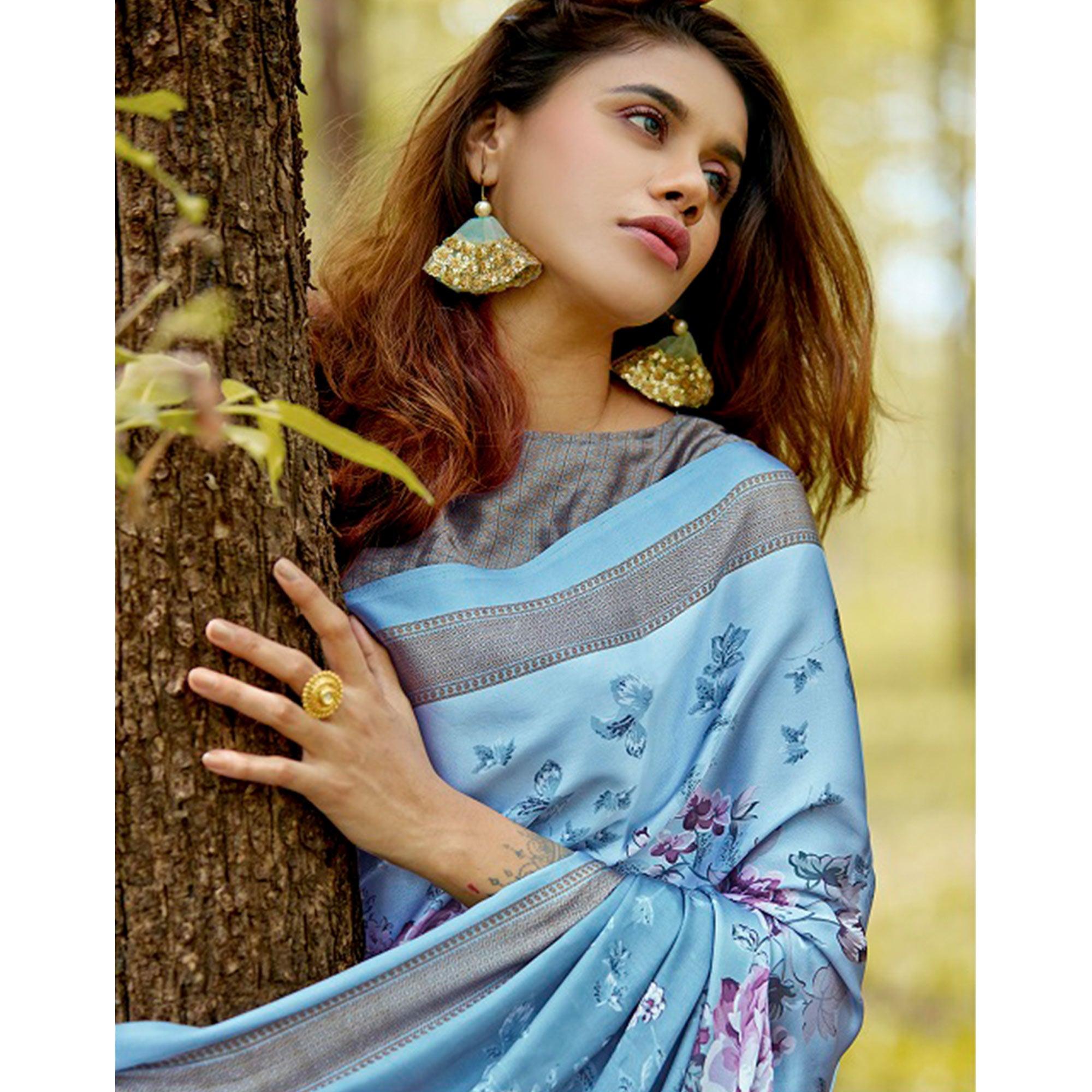 Sophisticated Light Blue Colored Casual Digital Printed Satin Crepe Saree - Peachmode