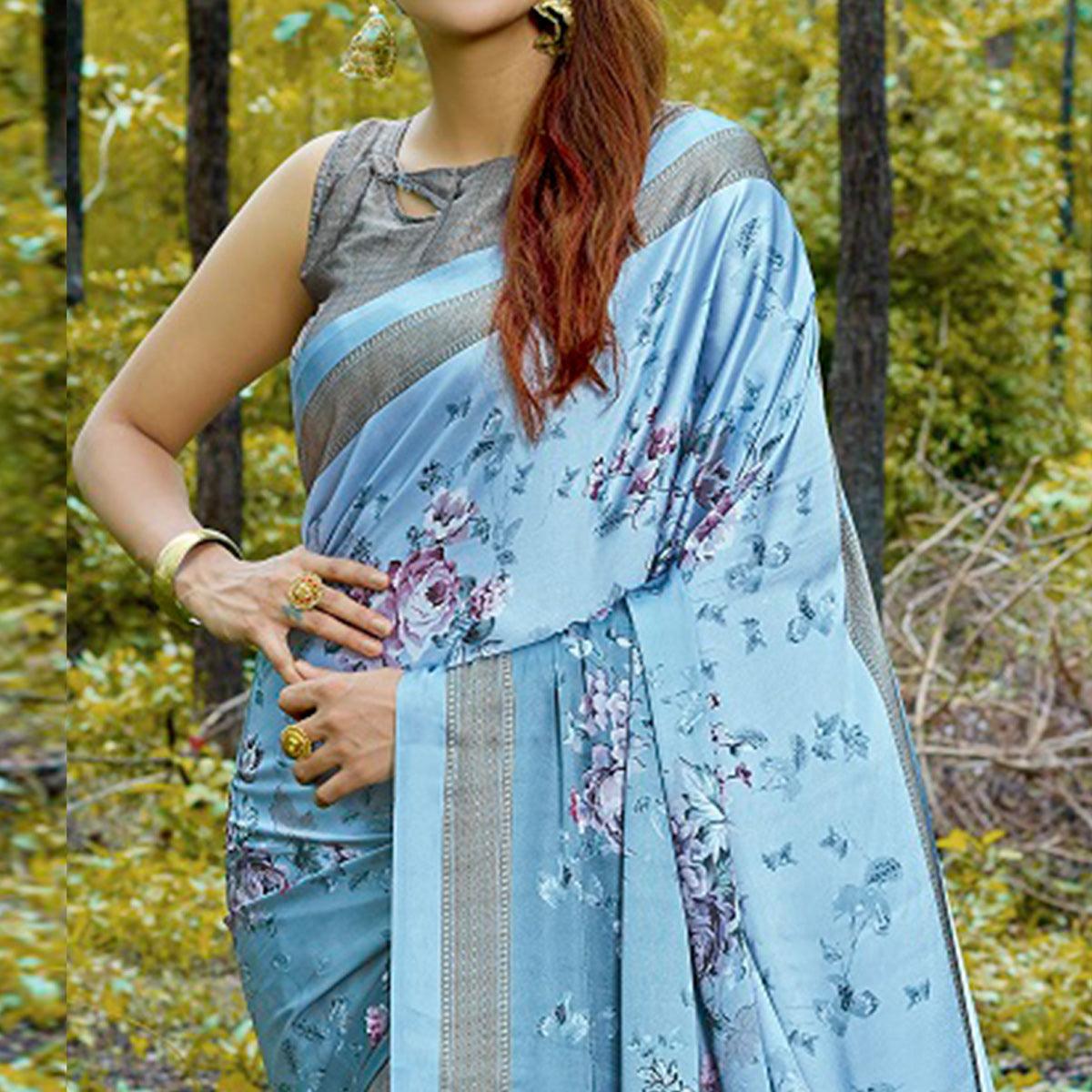 Sophisticated Light Blue Colored Casual Digital Printed Satin Crepe Saree - Peachmode