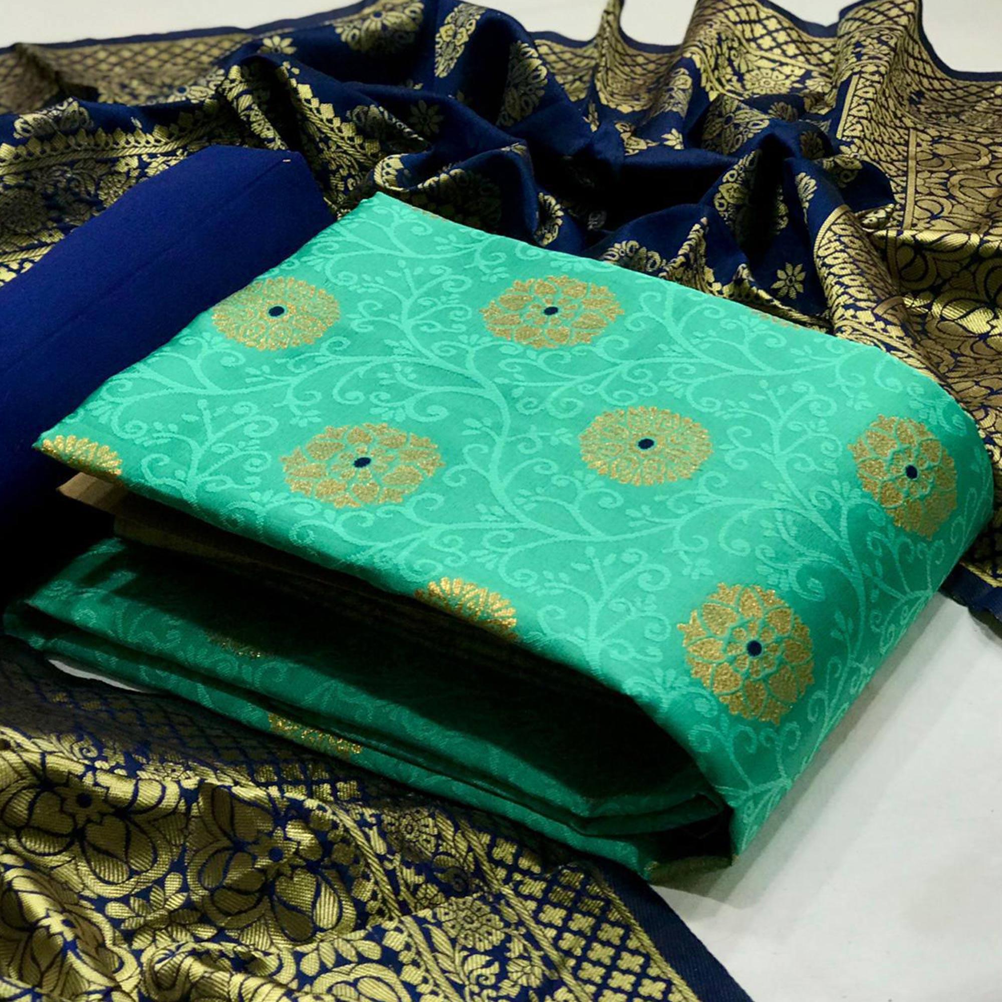 Sophisticated Light Green Colored Casual Woven Banarasi Silk Dress Material - Peachmode