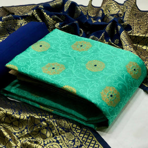 Sophisticated Light Green Colored Casual Woven Banarasi Silk Dress Material - Peachmode