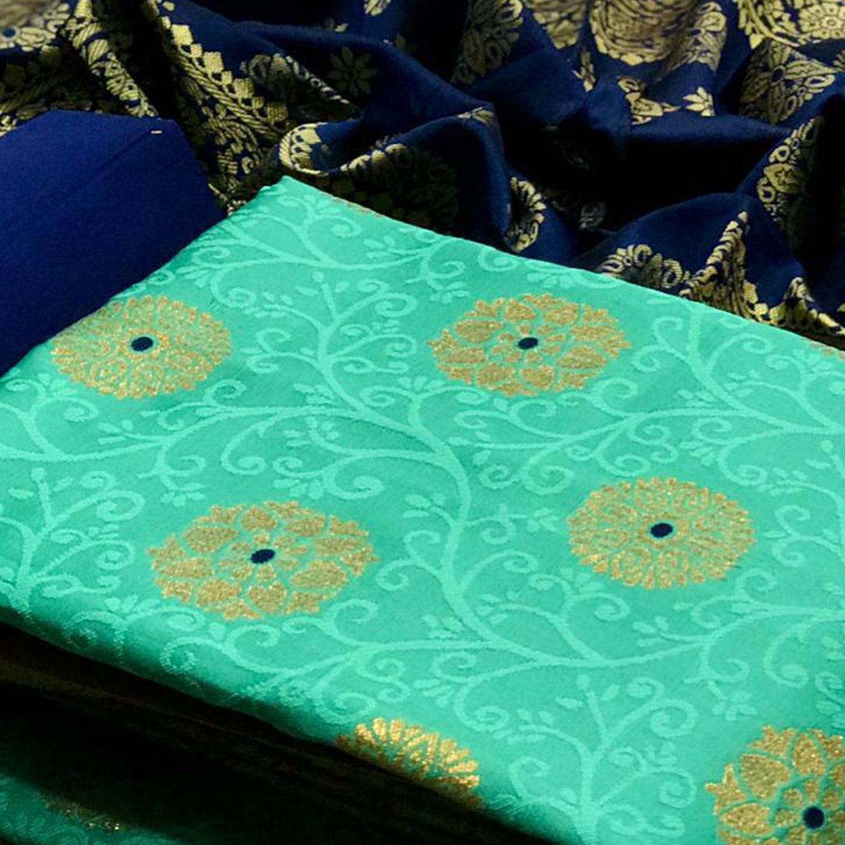 Sophisticated Light Green Colored Casual Woven Banarasi Silk Dress Material - Peachmode