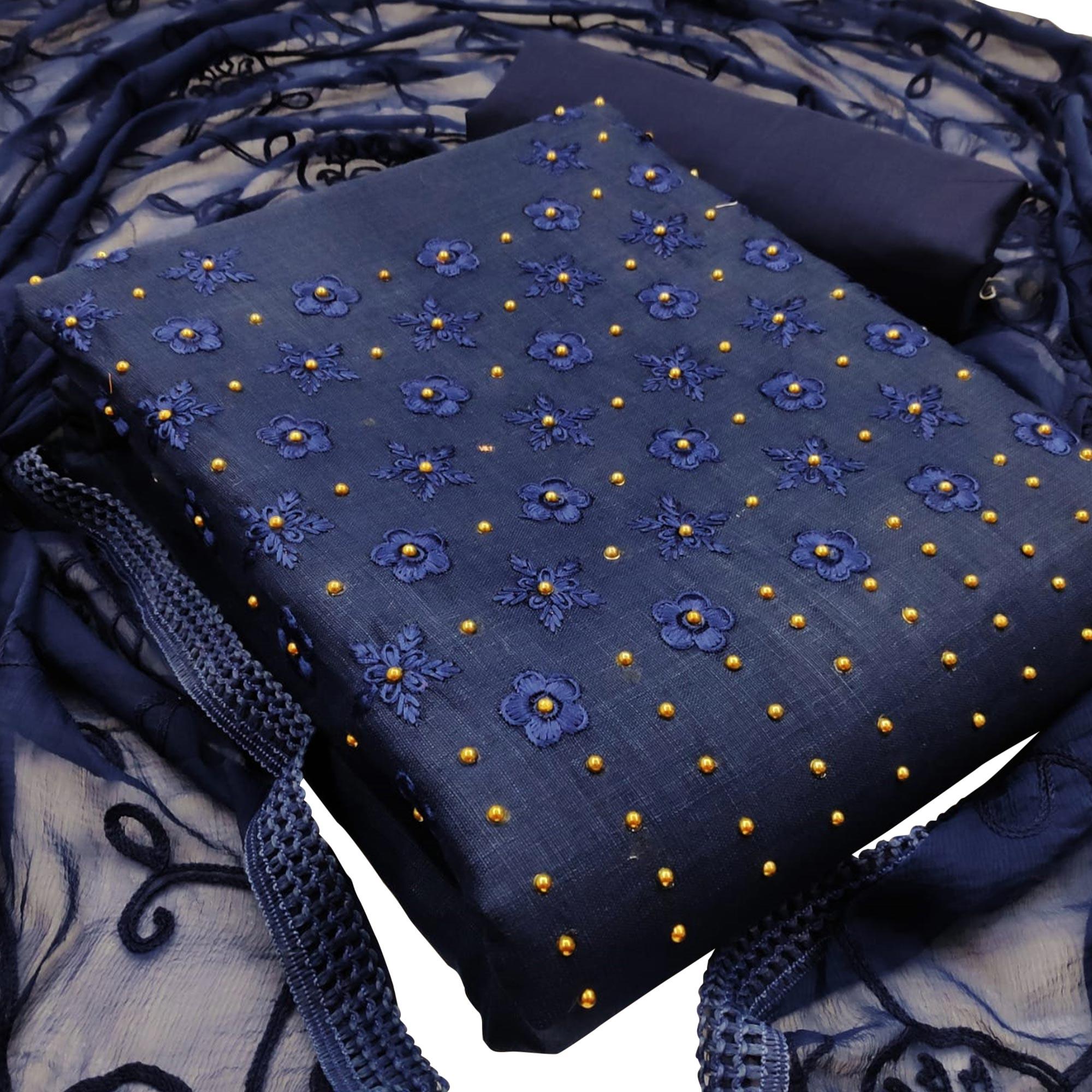 Sophisticated Navy Blue Colored Casual Wear Embroidered Cotton Dress Material - Peachmode
