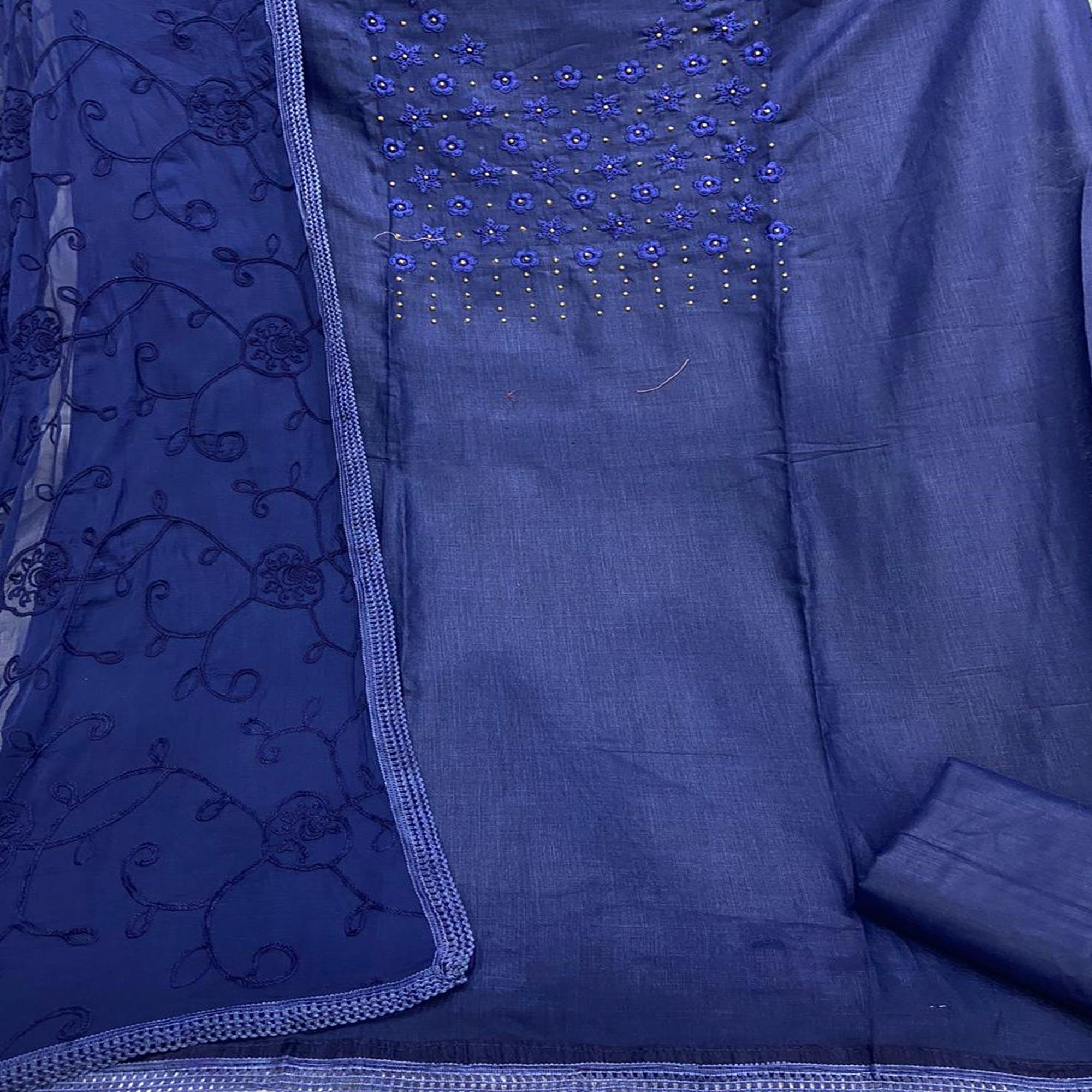 Sophisticated Navy Blue Colored Casual Wear Embroidered Cotton Dress Material - Peachmode