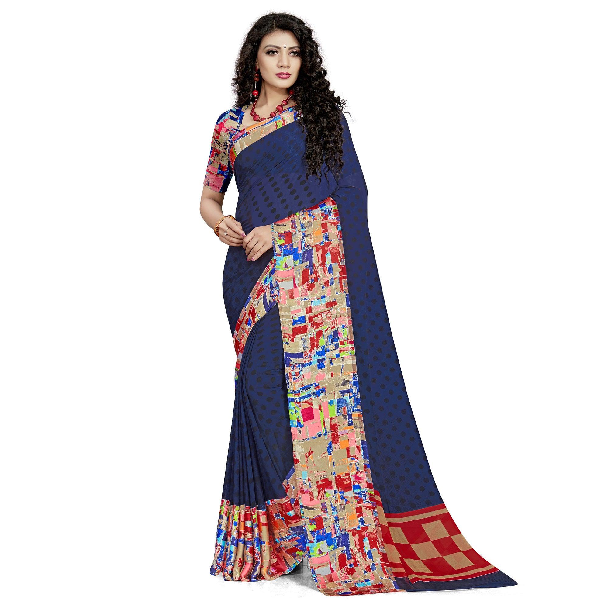 Sophisticated Navy Blue Colored Casual Wear Printed Georgette Saree - Peachmode