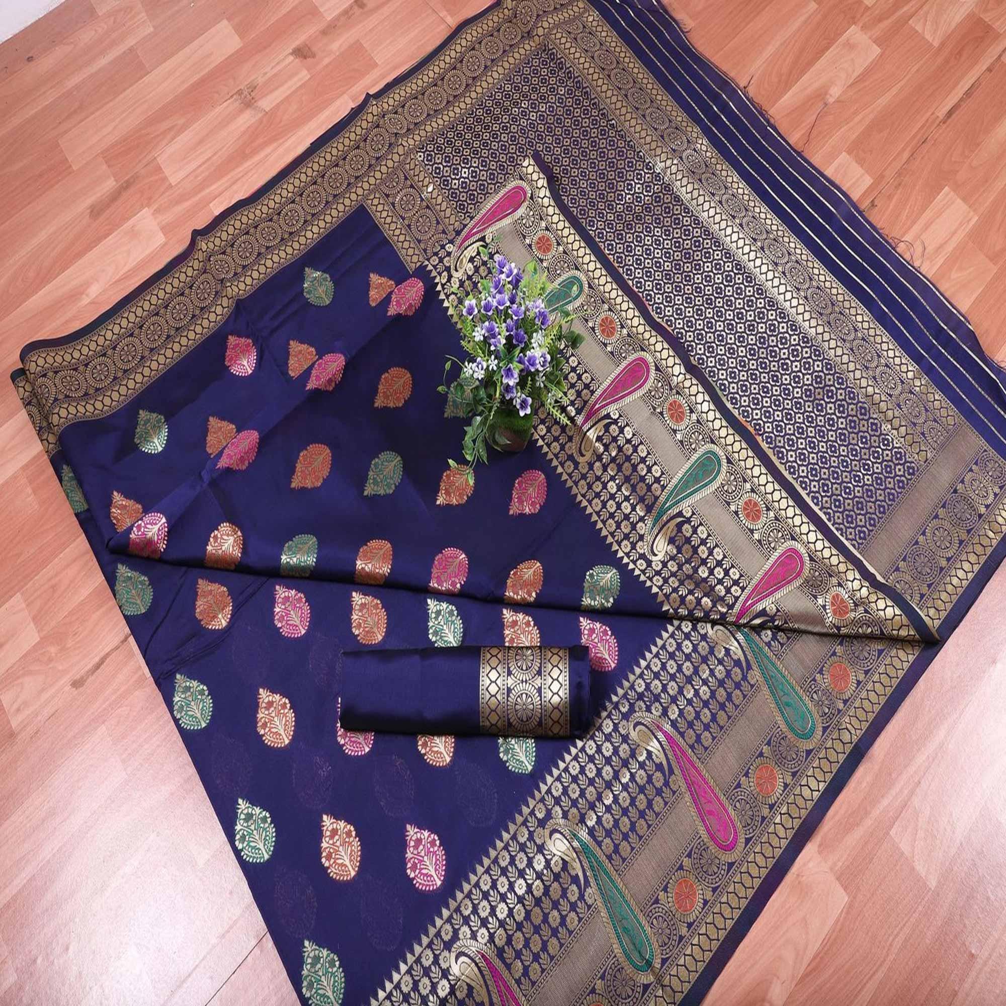 Sophisticated Navy Blue Colored Festive Wear Printed Banarasi Silk Saree - Peachmode