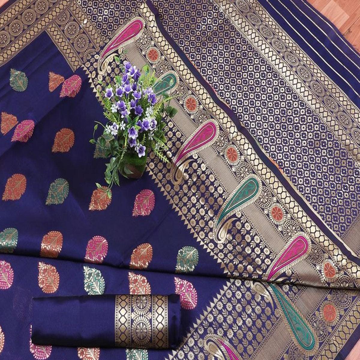 Sophisticated Navy Blue Colored Festive Wear Printed Banarasi Silk Saree - Peachmode