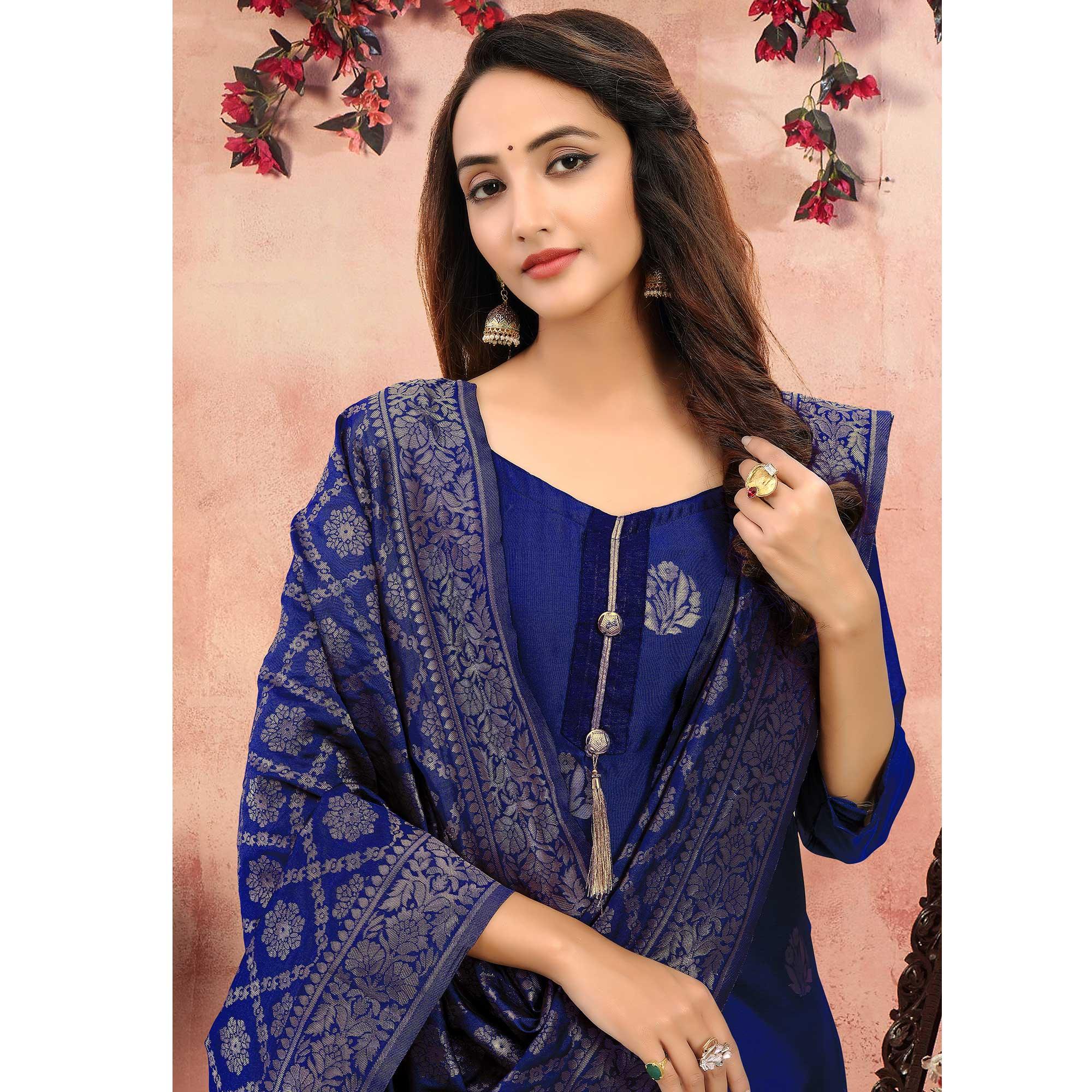 Sophisticated Navy Blue Colored Festive Wear Woven Banarasi Silk Dress Material - Peachmode