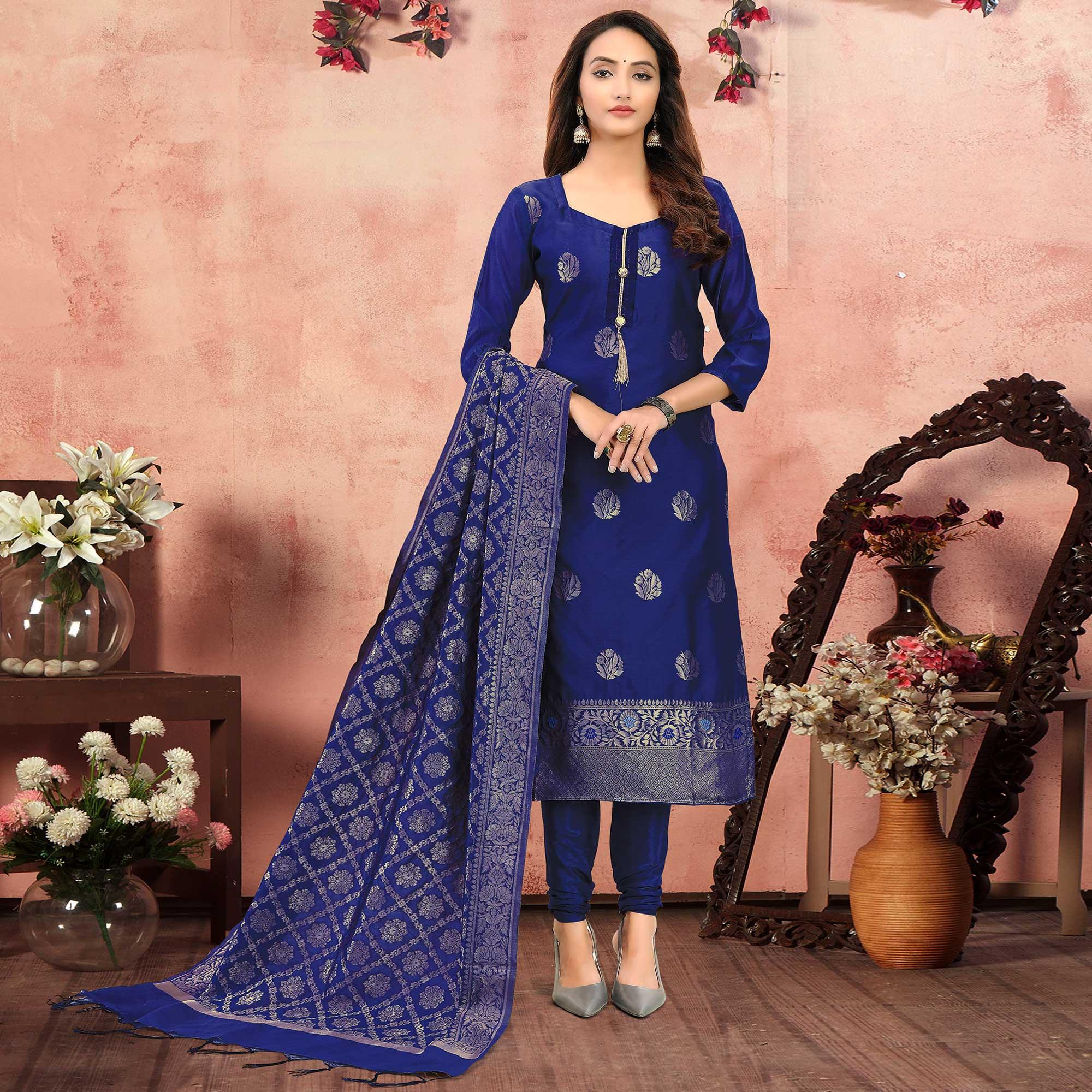 Sophisticated Navy Blue Colored Festive Wear Woven Banarasi Silk Dress Material - Peachmode