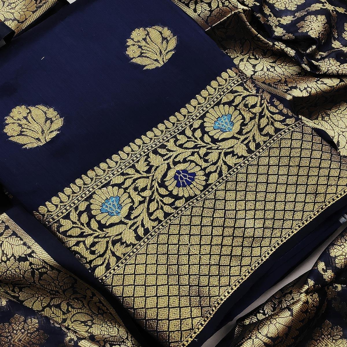 Sophisticated Navy Blue Colored Festive Wear Woven Banarasi Silk Dress Material - Peachmode