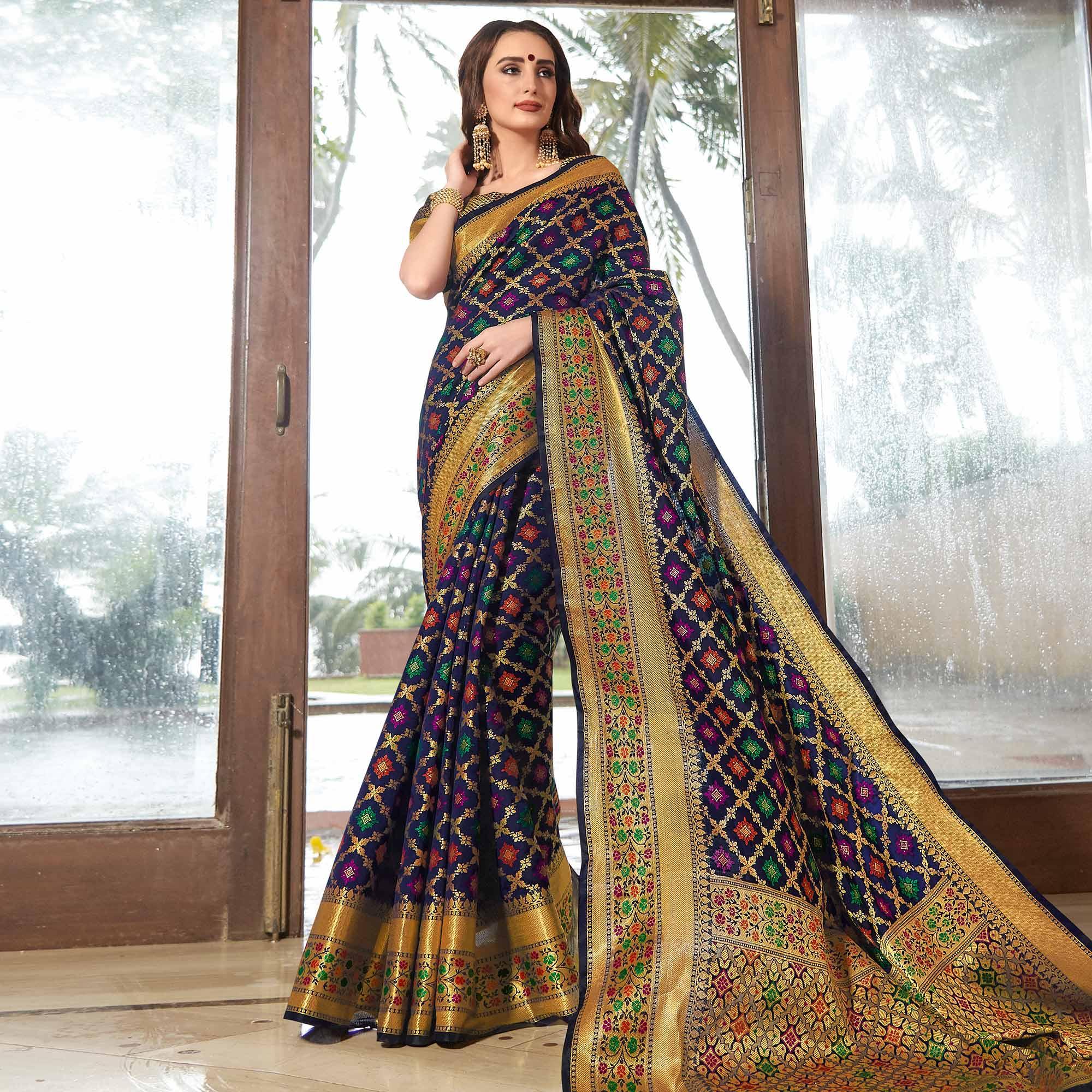 Sophisticated Navy Blue Colored Festive Wear Woven Silk Saree - Peachmode