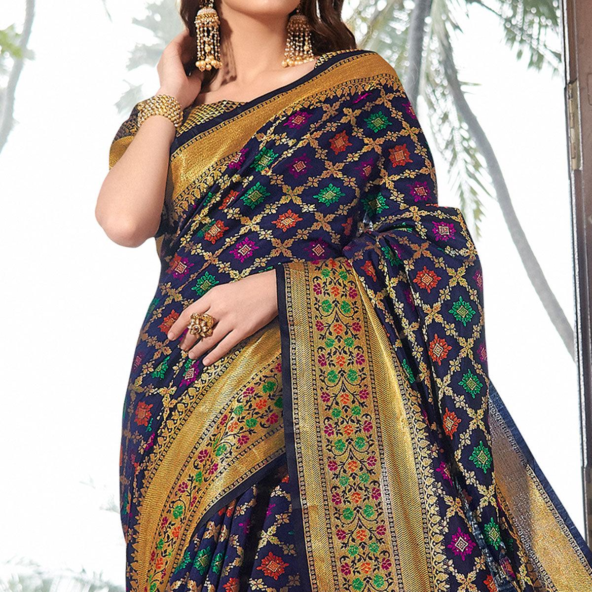Sophisticated Navy Blue Colored Festive Wear Woven Silk Saree - Peachmode