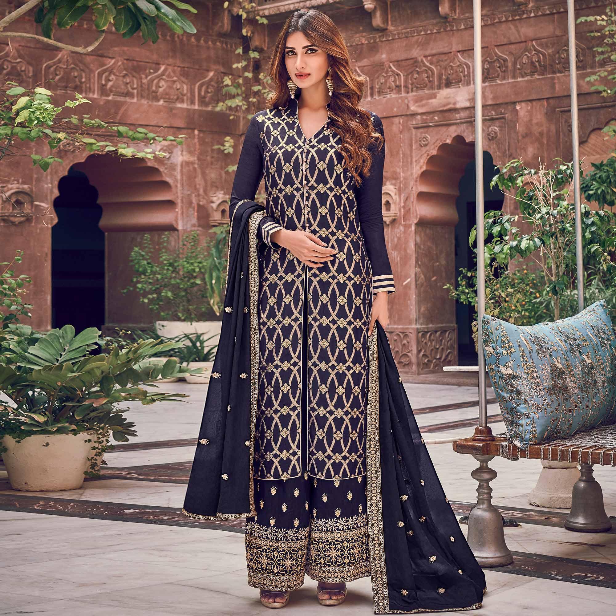 Sophisticated Navy Blue Colored Partywear Embroidered Pure Dola Jacquard Palazzo Suit - Peachmode