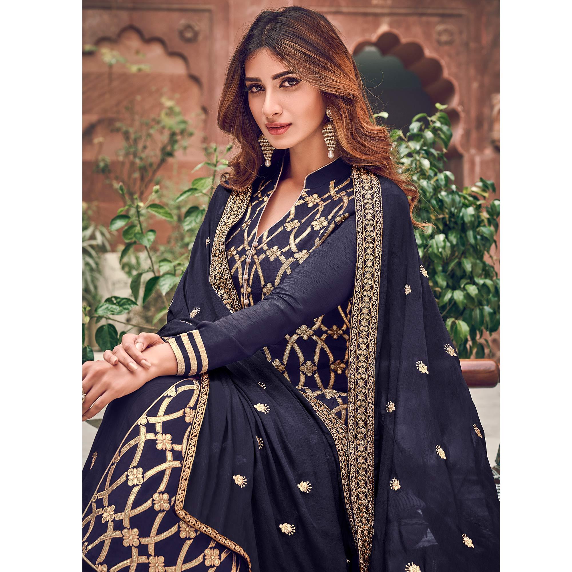 Sophisticated Navy Blue Colored Partywear Embroidered Pure Dola Jacquard Palazzo Suit - Peachmode