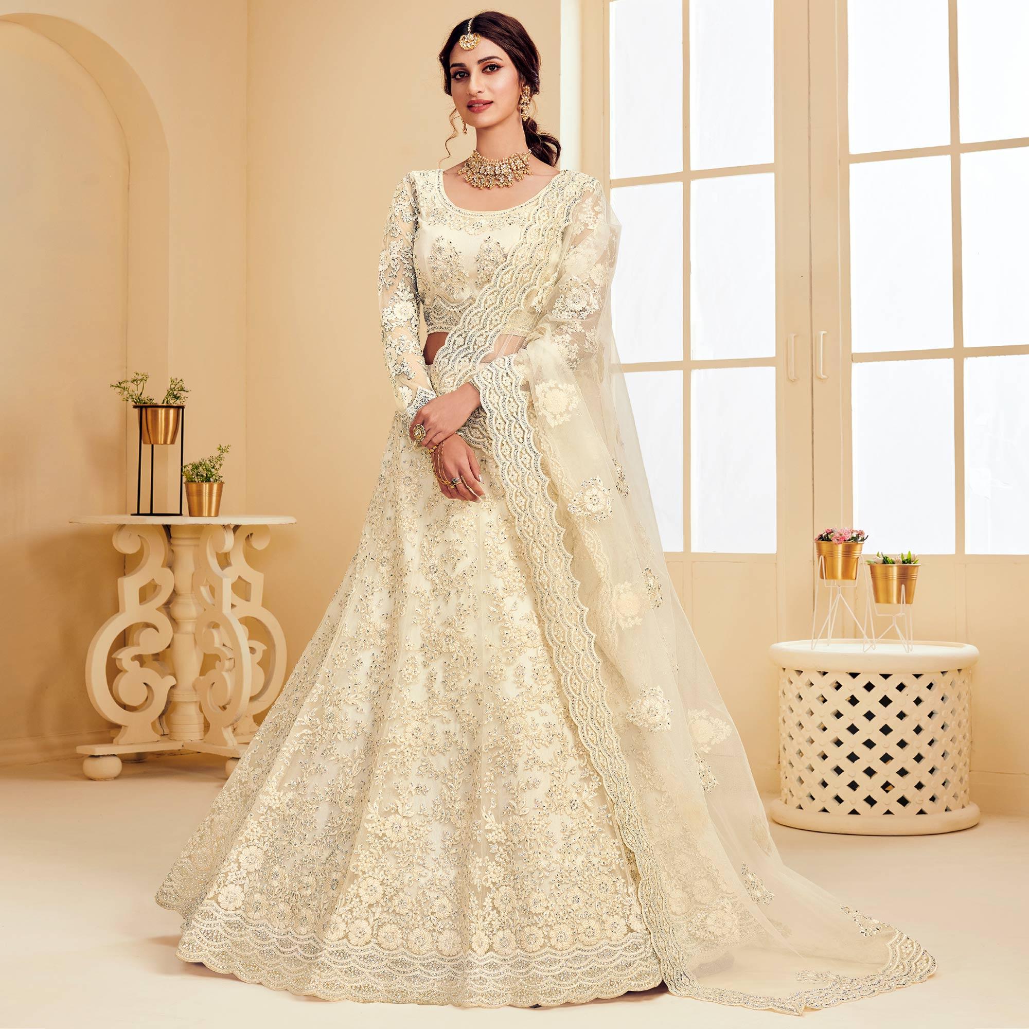 Sophisticated Off White Coloured Wedding Wear Cording Embroidered Net Lehenga Choli - Peachmode