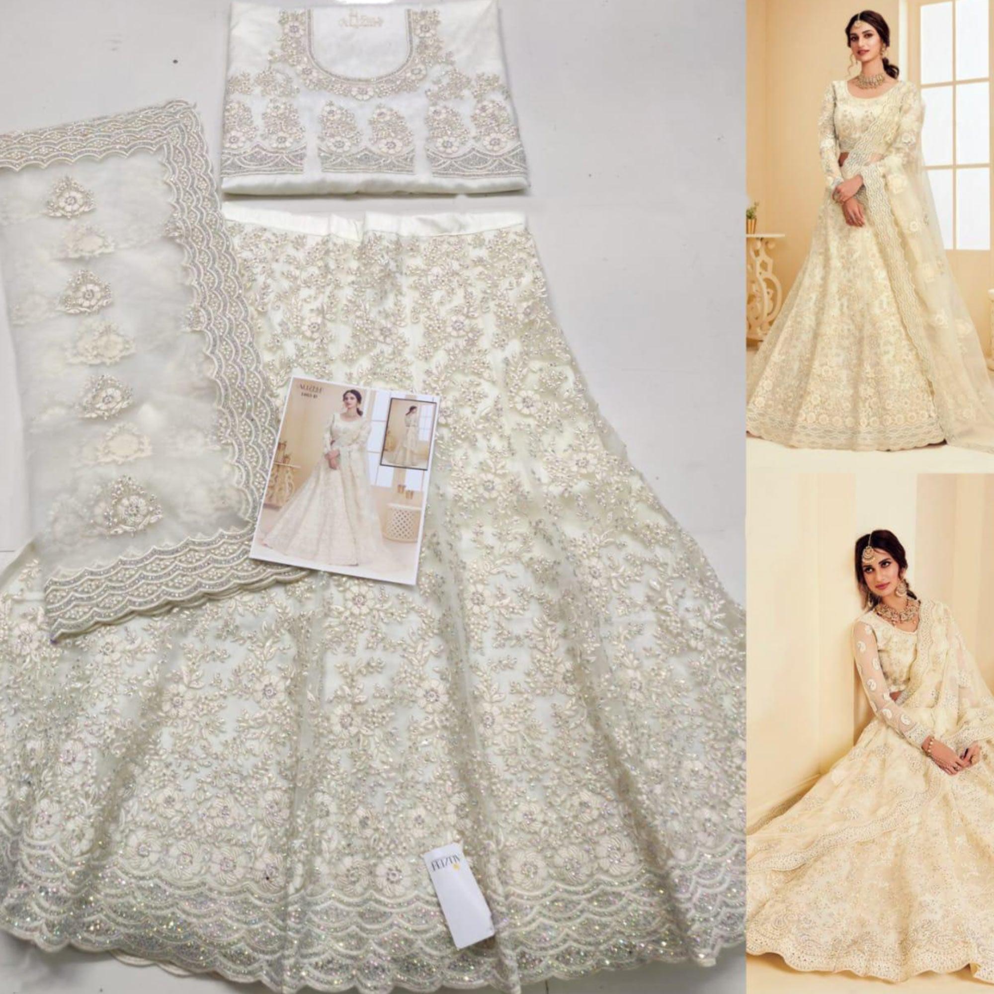 Sophisticated Off White Coloured Wedding Wear Cording Embroidered Net Lehenga Choli - Peachmode