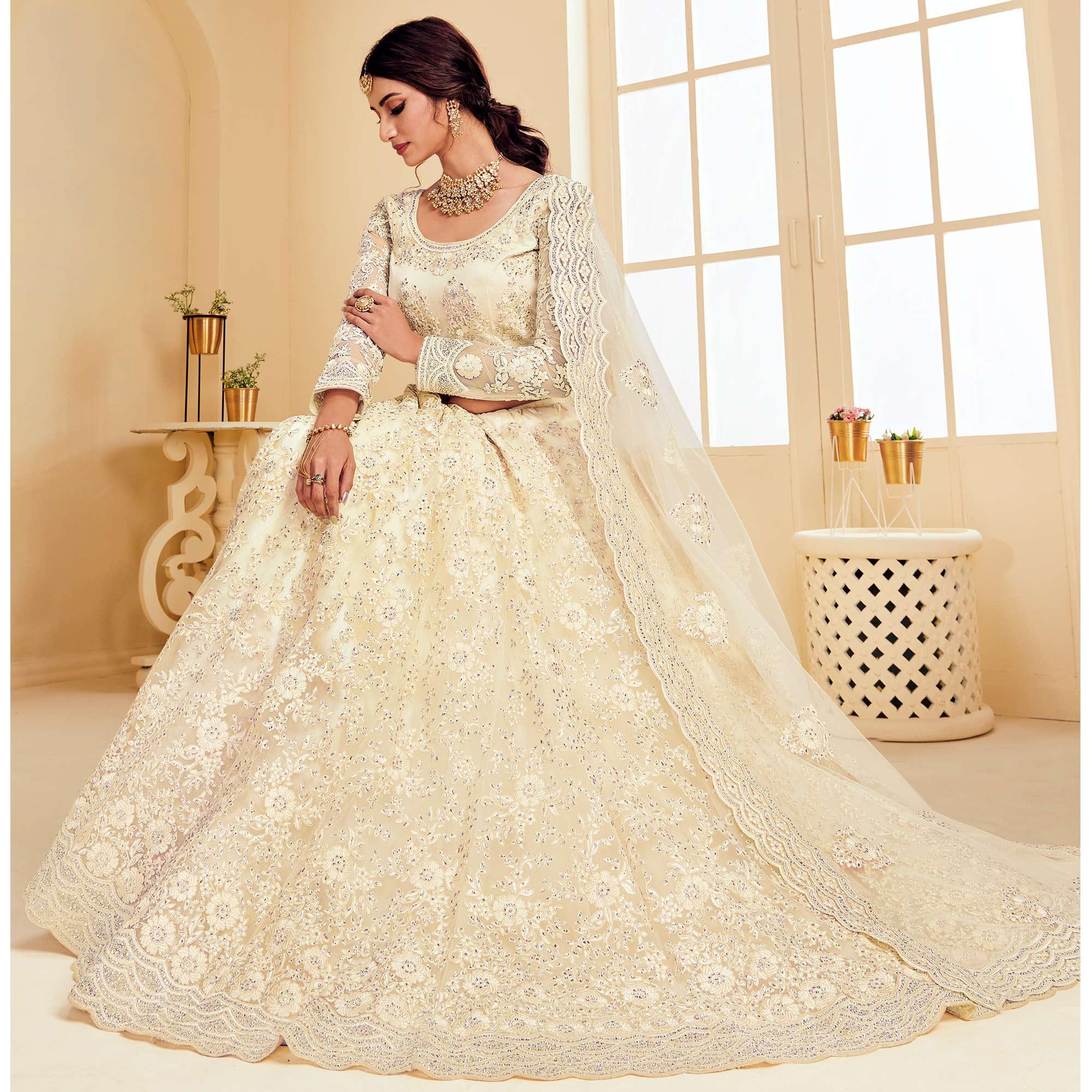 Sophisticated Off White Coloured Wedding Wear Cording Embroidered Net Lehenga Choli - Peachmode