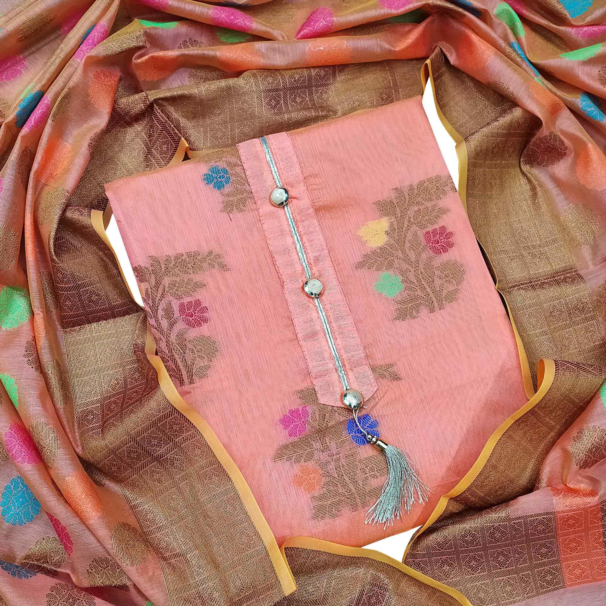Sophisticated Peach Colored Festive Wear Woven Heavy Banarasi Silk Dress Material - Peachmode