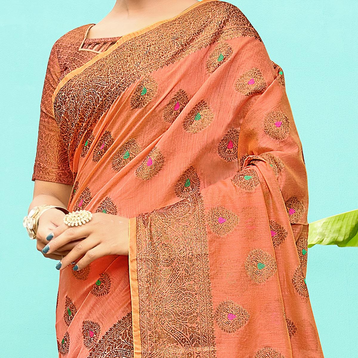 Sophisticated Peach Festive Wear Woven Designer Silk Saree - Peachmode