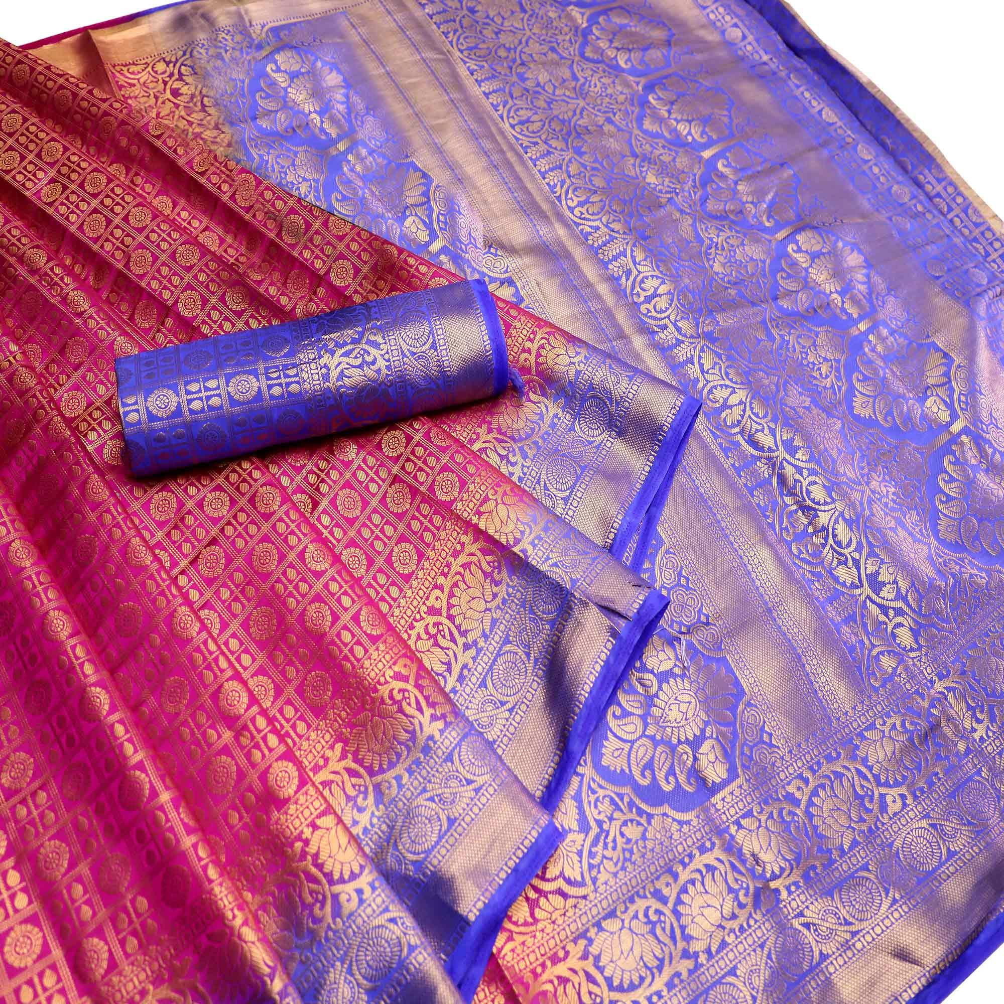 Sophisticated Pink-Blue Colored Festive Wear Woven Art Silk Saree - Peachmode