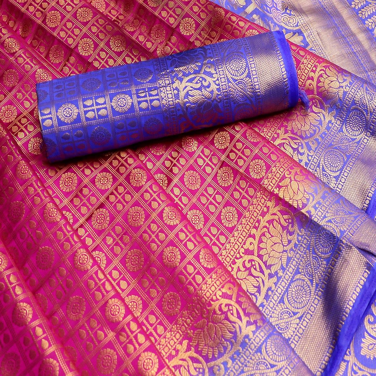 Sophisticated Pink-Blue Colored Festive Wear Woven Art Silk Saree - Peachmode